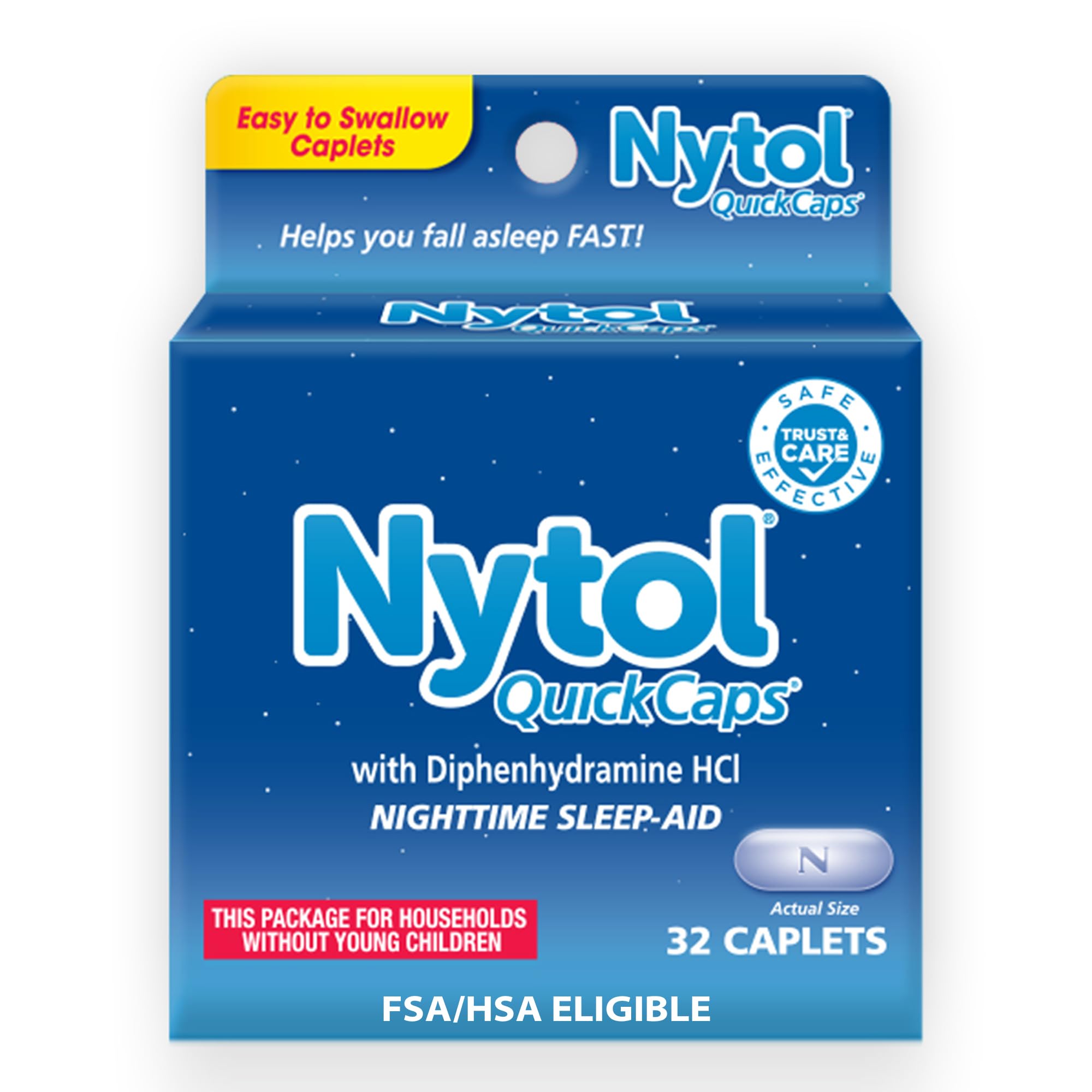 Nytol Quick Caps Nighttime Sleep Aid with Diphenhydramine HCI, Easy-to-Swallow Caplets to Fall Asleep Fast, 32 Count