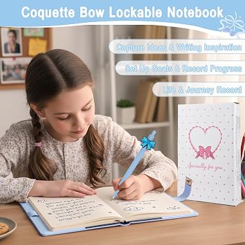Diary with Lock for Girls Teen, Blue Bow Preppy Journal Notebook with Pen