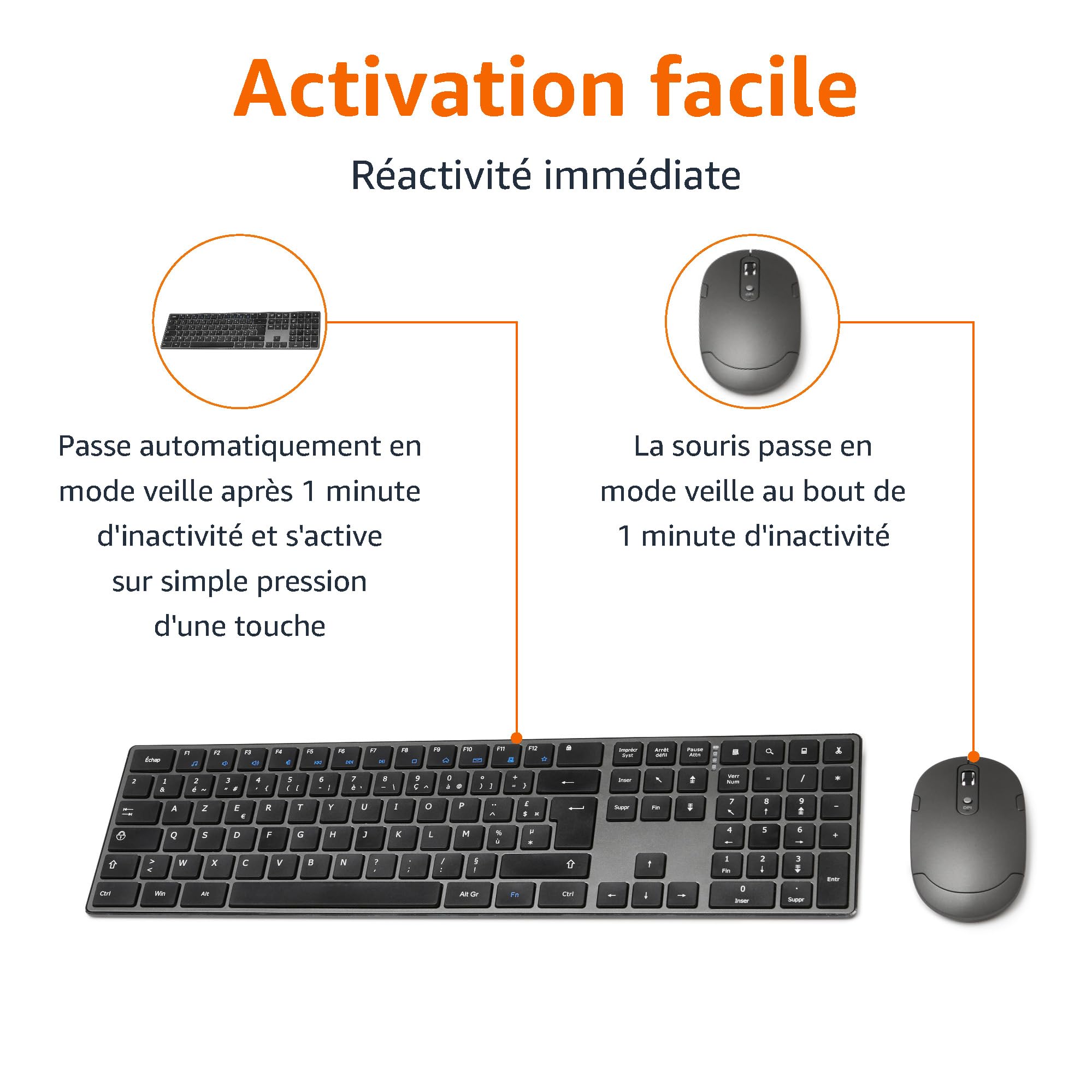 Amazon Basics souris sans fil rechargeable - Clavier complet ultra-mince et silencieux avec pavé numérique, FR Layout Gray, noir