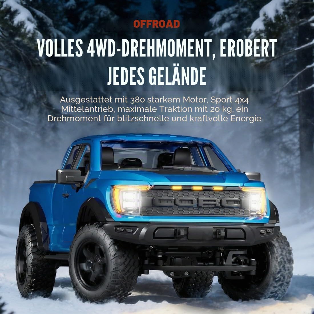 F-150 Raptor 4WD RC Truck 1:12 Ferngesteuerter Auto Offroad-Pickup Mit High-Speed-Motor, LED Beleuchtung Und Einzelradaufhängung (R12-01Q / Tarnmuster Grün / 3 Akkus)
