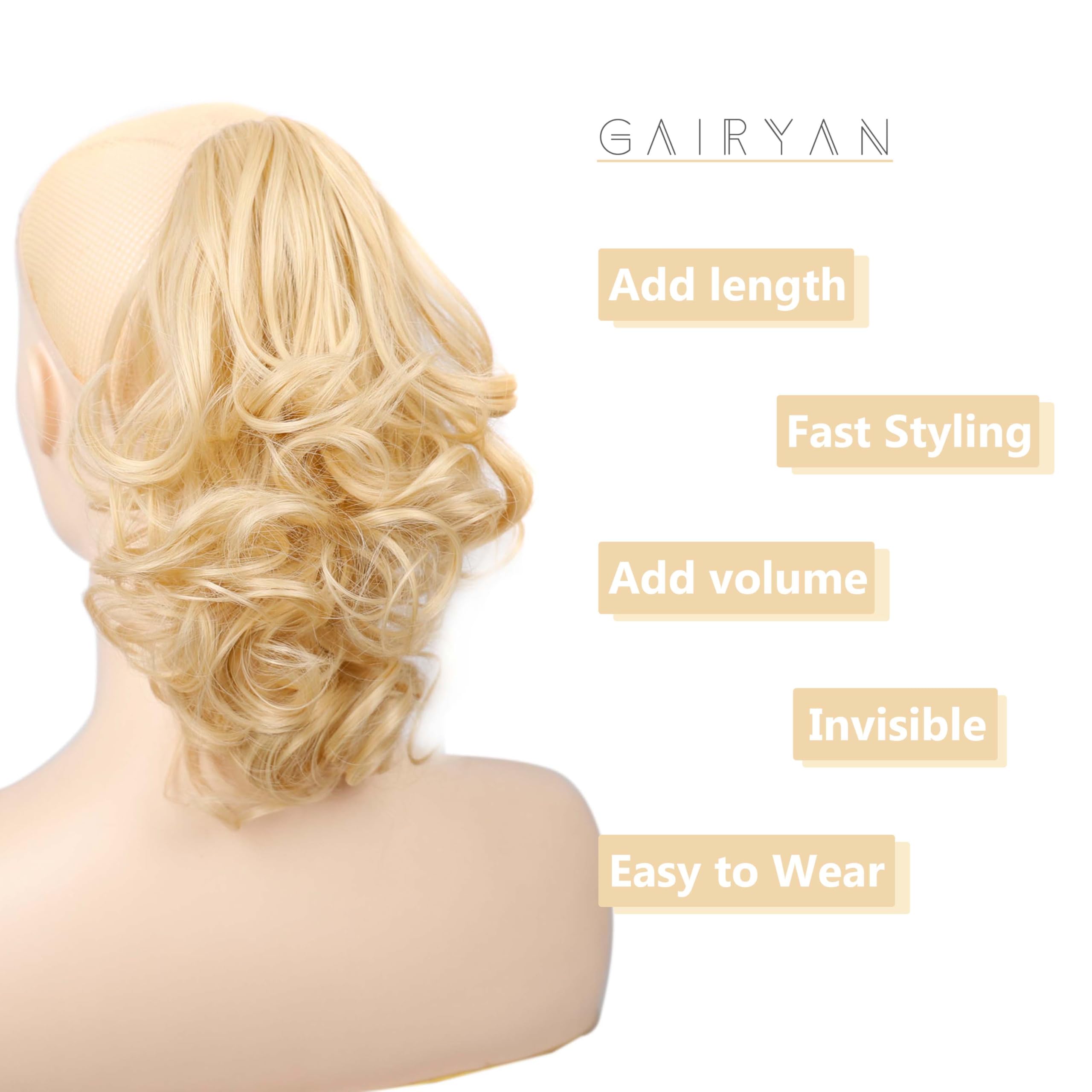 Gairyan 10" Clip in Ponytail Hair Extensions Curly Ponytail Extension Claw on Pony tails Wavy Synthetic Hairpieces for Women Real Natural Short Wave, Light Blonde mix Bleach Blonde - Image 4