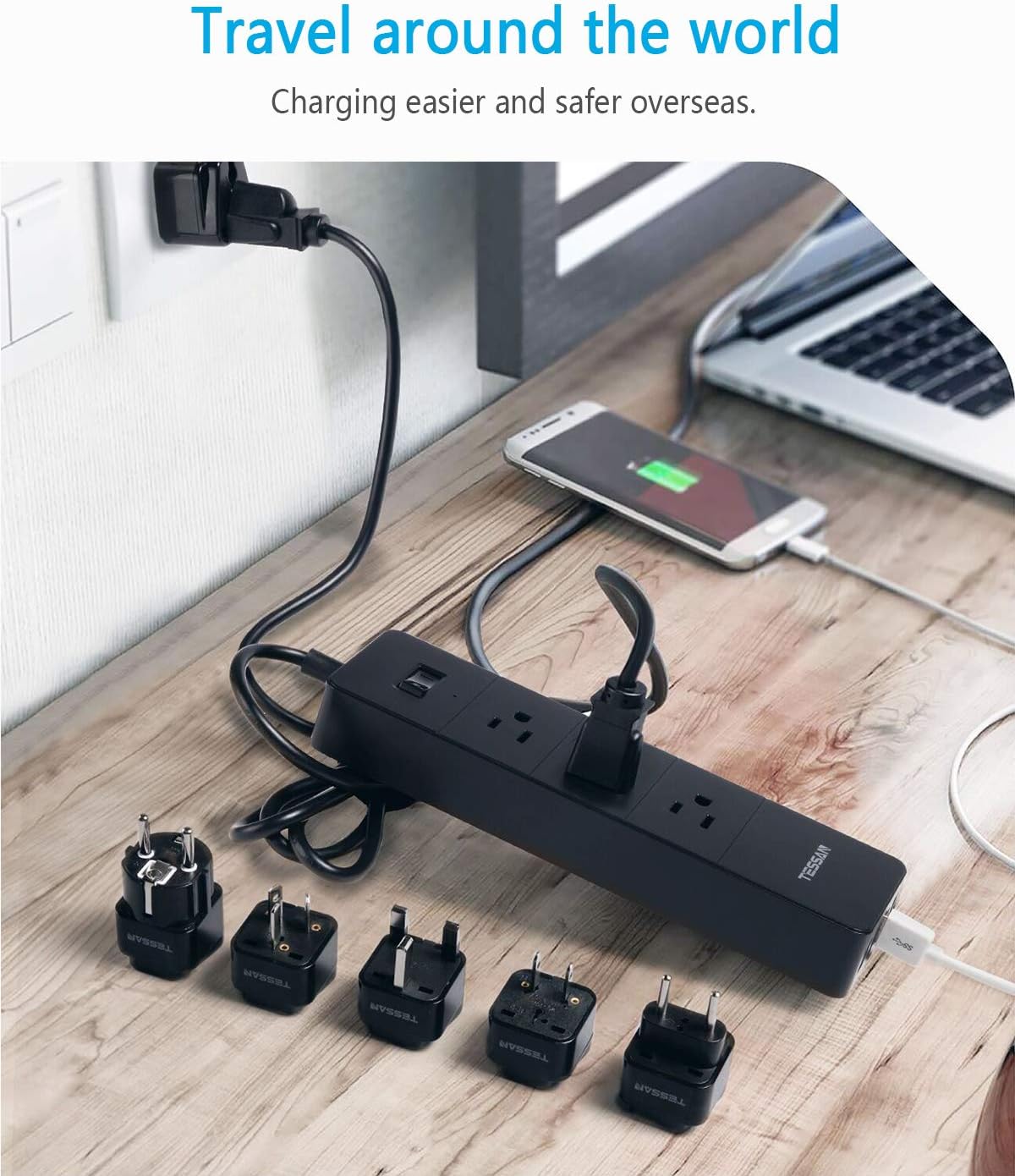 Flаѕh Dеаlѕ - 60% оƒƒ Power Strip with USB, TESSAN International Surge Protector 3 Outlets 4 USB, Desktop Charging Station 5 ft Extension Cord for Dorm Home Office; Universal Travel Plug Adapter for US to Asian Europe UK