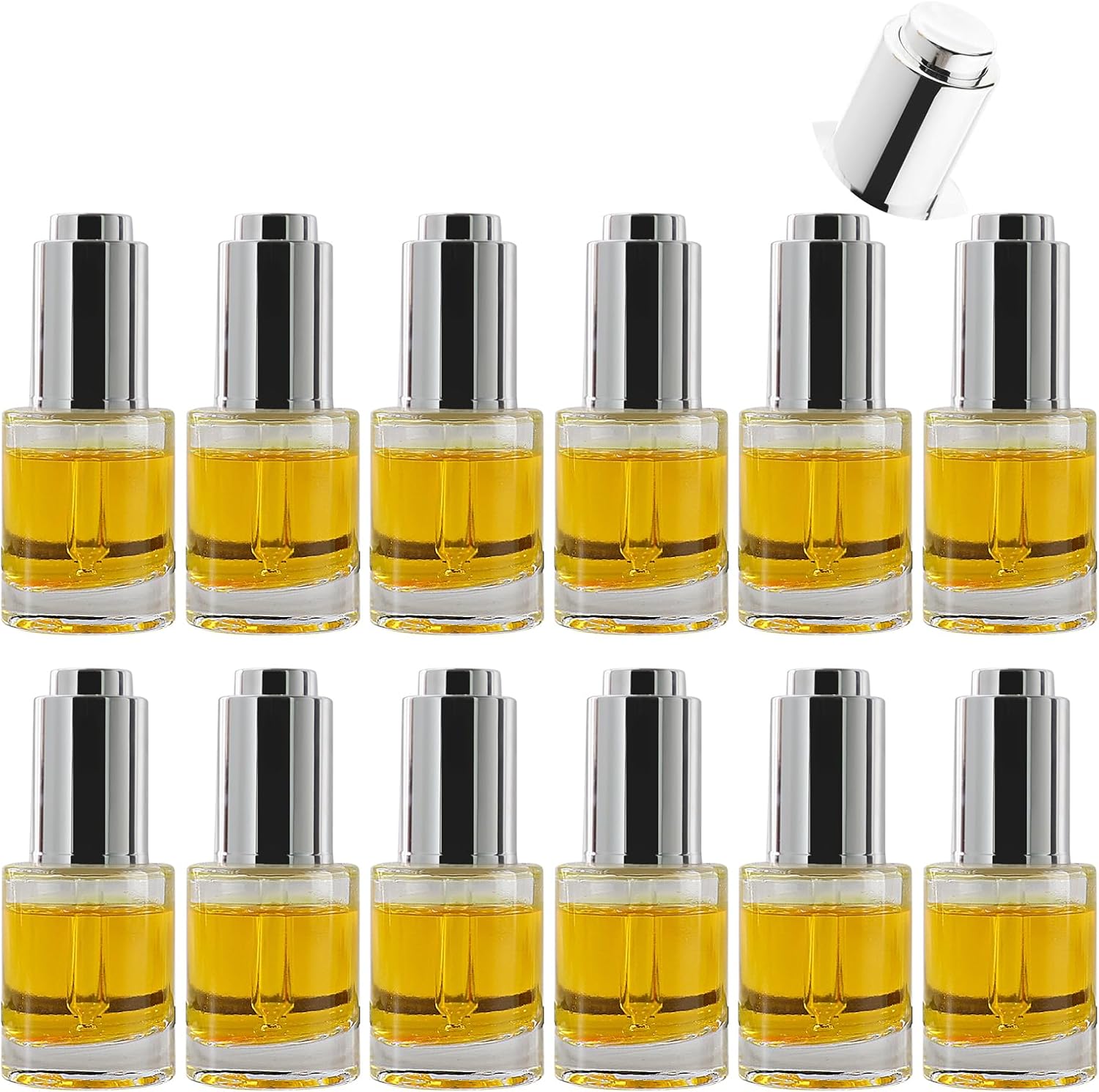 30ml Straight Shoulder Glass Drip Bottle, with Electrically Plated Shiny Silver Concave Step Cover, Threaded 18/415, Suitable for Essential Oils, Leak Proof Travel, Set of 12