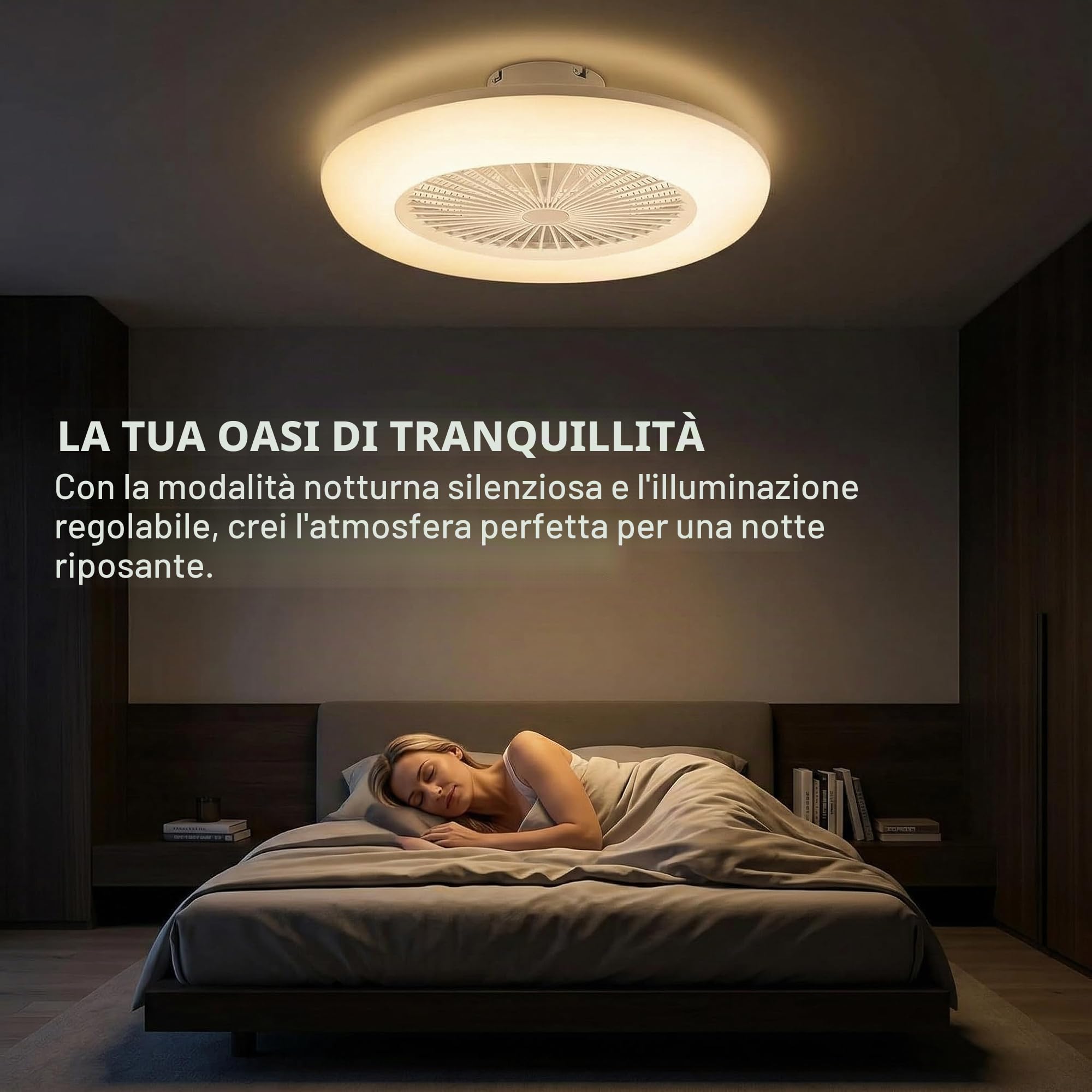 Fiqops Ventilatore da soffitto con illuminazione e telecomando 80 W, Wi-Fi Ø 55 cm, 6 velocità, dimmerabile, timer, funzionamento estivo invernale per camera da letto, soggiorno