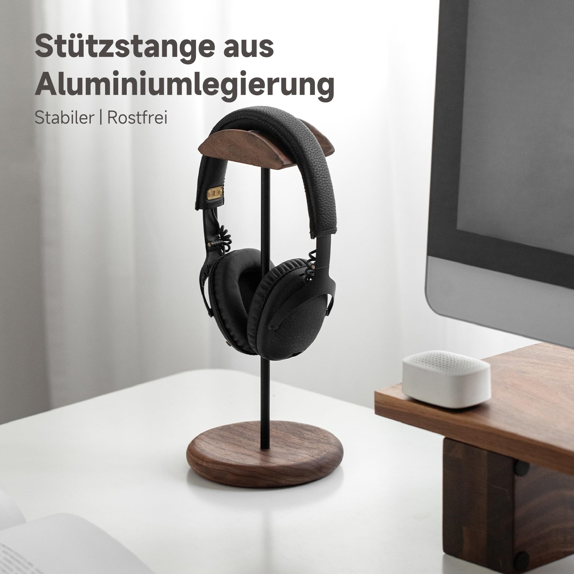 muso wood Headset Halterung Tisch Kopfhörer Ständer aus Walnussholz und Aluminium, stabiler Kopfhörerständer aus Holz, nachhaltiger Headset Ständer, Gaming Kopfhörer Halterung Halter