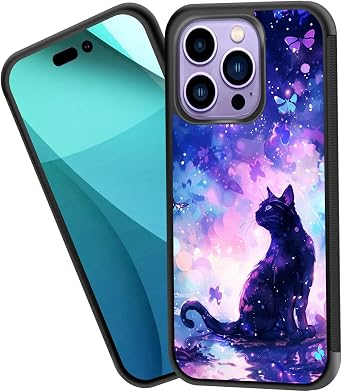for iPhone 12 Case,Tire Anti-Skid Edges Cute Design Shockproof Bumper Full Protection Black Back Cover for iPhone 12,Cat and Butterflies