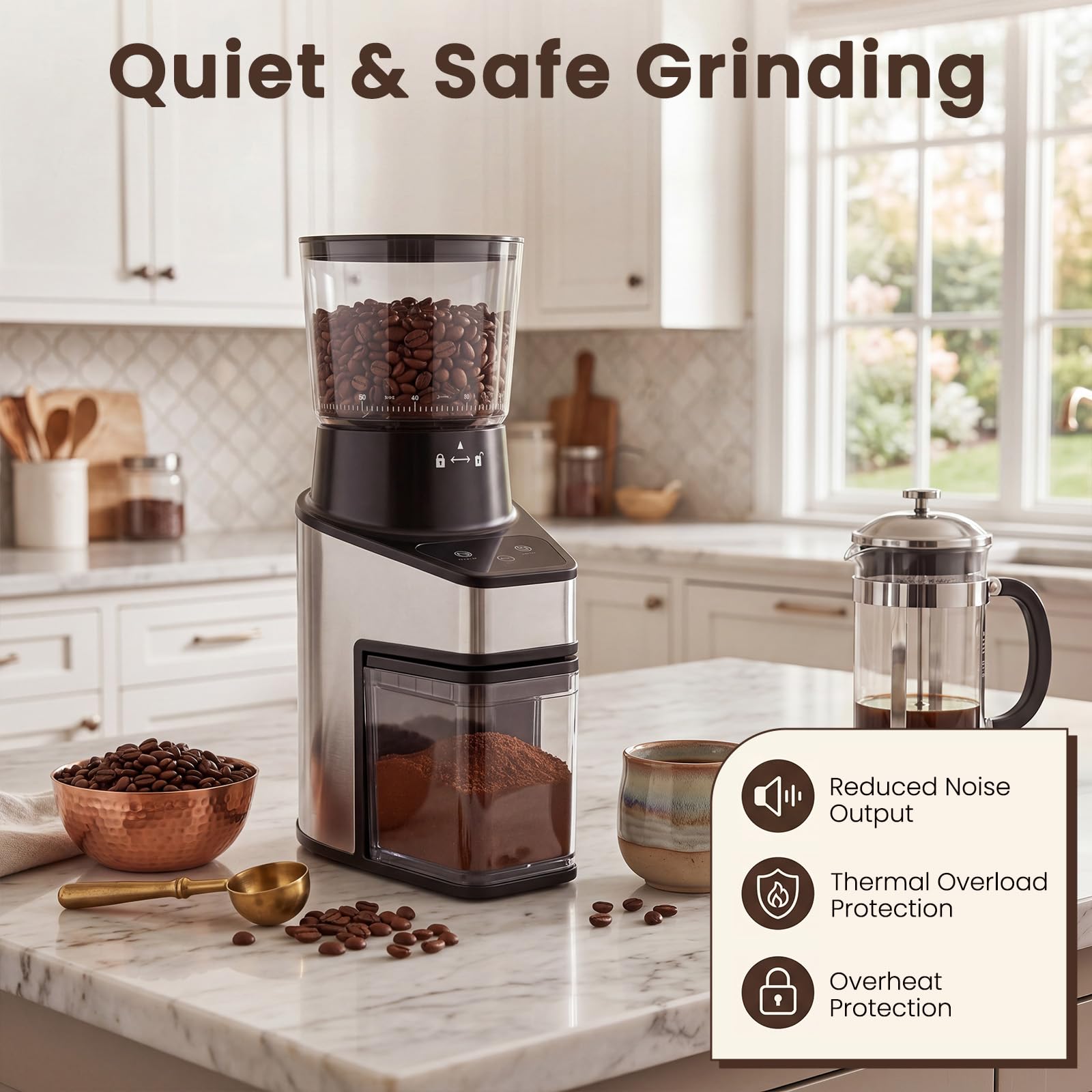 LIFEZEAL Molinillo de café eléctrico con cono, 60 niveles, 1-8 tazas, molinillo eléctrico de 150 W con tolva de 250 g, antiestático, silencioso, para expreso, goteo y prensa francesa, para casa y