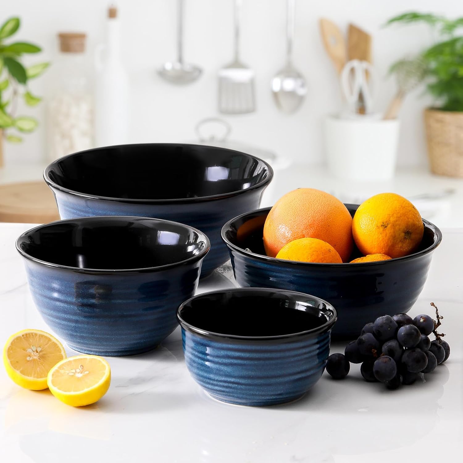 Hasense Large Mixing Bowls Set for Kitchen Set of 4 and 32oz Pasta Bowls Set of 2,blue