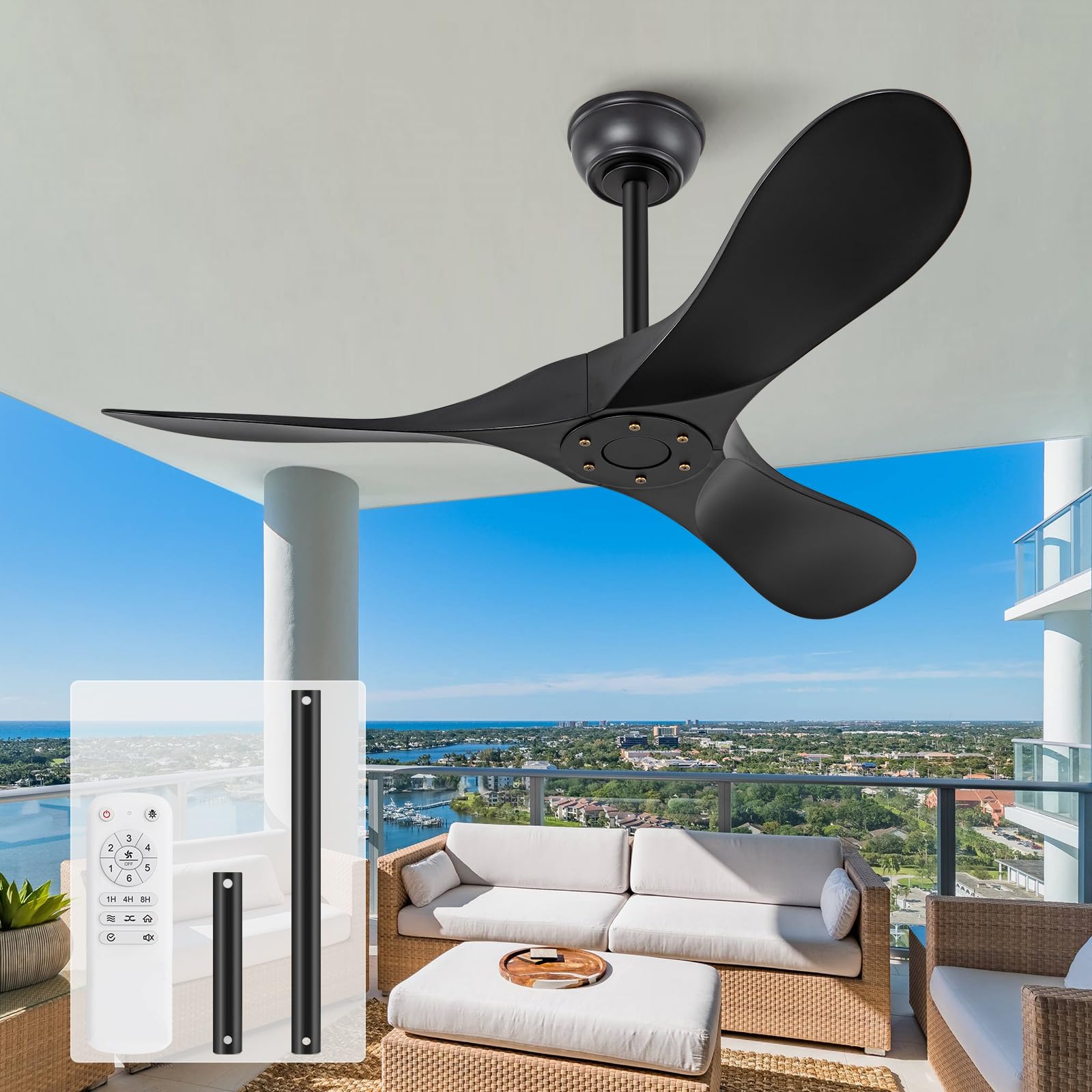 KBZZ 42 Inch Black Ceiling Fans without Lights,6 Speeds,Reversible Silent DC Motor,3 ABS Blades,Modern Ceiling Fan no Light with Remote for Indoor