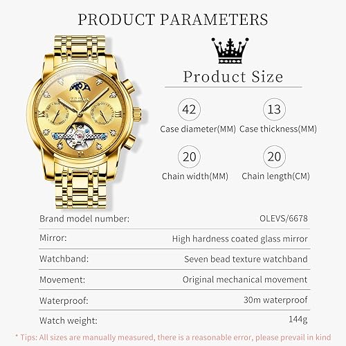 Miniatura 5 de OLEVS Relojes automáticos para hombre, impermeable, vestido de lujo, cuerda automática, esqueleto mecánico, tourbillon, fase lunar, acero