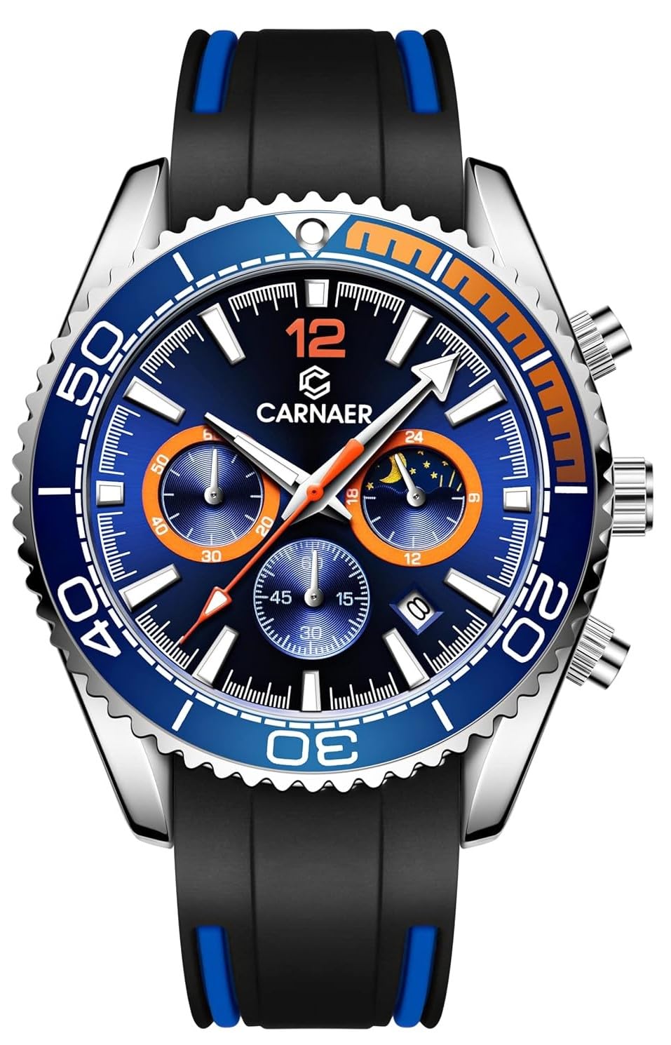 CARNAER Mens Chronograph Sports Watch Rotating Bazel Black Silicon Band Silver Case Watch For Men With Blue Dial - Silicone (B0BDGNWBBP) Amazon Price History, Amazon Price Tracker