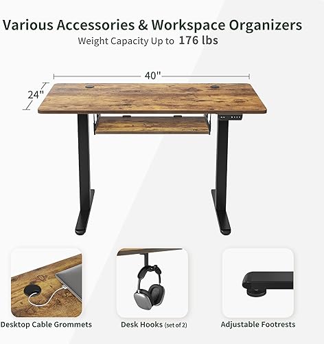 Miniatura 7 de BANTI Escritorio eléctrico de pie ajustable de 40 x 24 pulgadas de altura con bandeja para teclado, escritorio de pie con tablero de empalme, marco