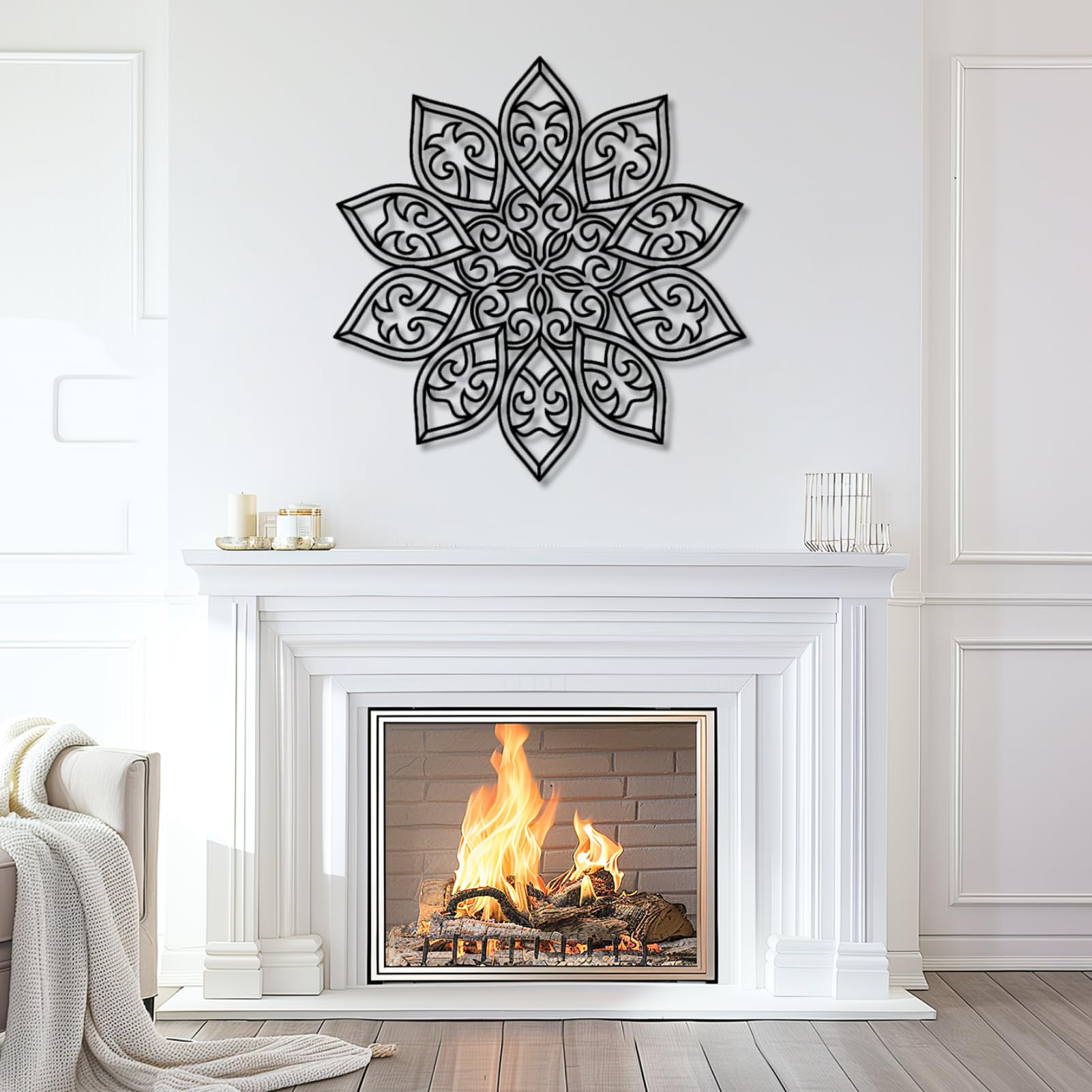 Décoration murale métal salon Mandala noir design géométrique 39 pouces