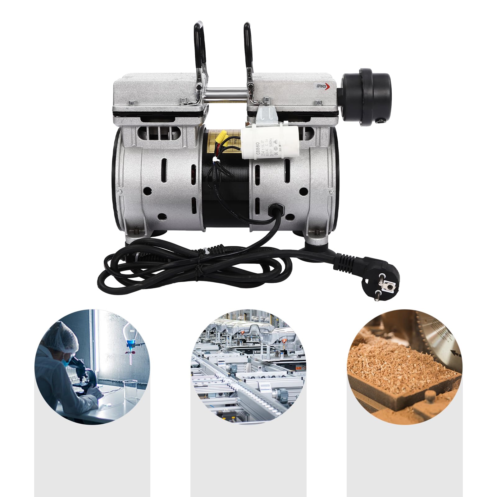 Ölfreie Vakuumpumpe 550W 1400U/Min Doppelkolben, 120L/Min Saugleistung, Max. Unterdruck -93kPa, 52dB Leise, Mit Überhitzungsschutz, Aluminiumlegierung, Silber