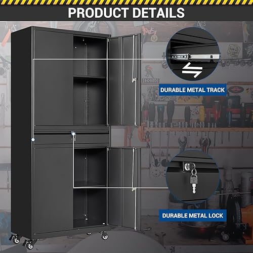 Miniatura 7 de Fesbos Gabinete de metal de 73 pulgadas, color negro, resistente con ruedas, estantes, puertas y cajones con cerradura, para garaje, despensa,