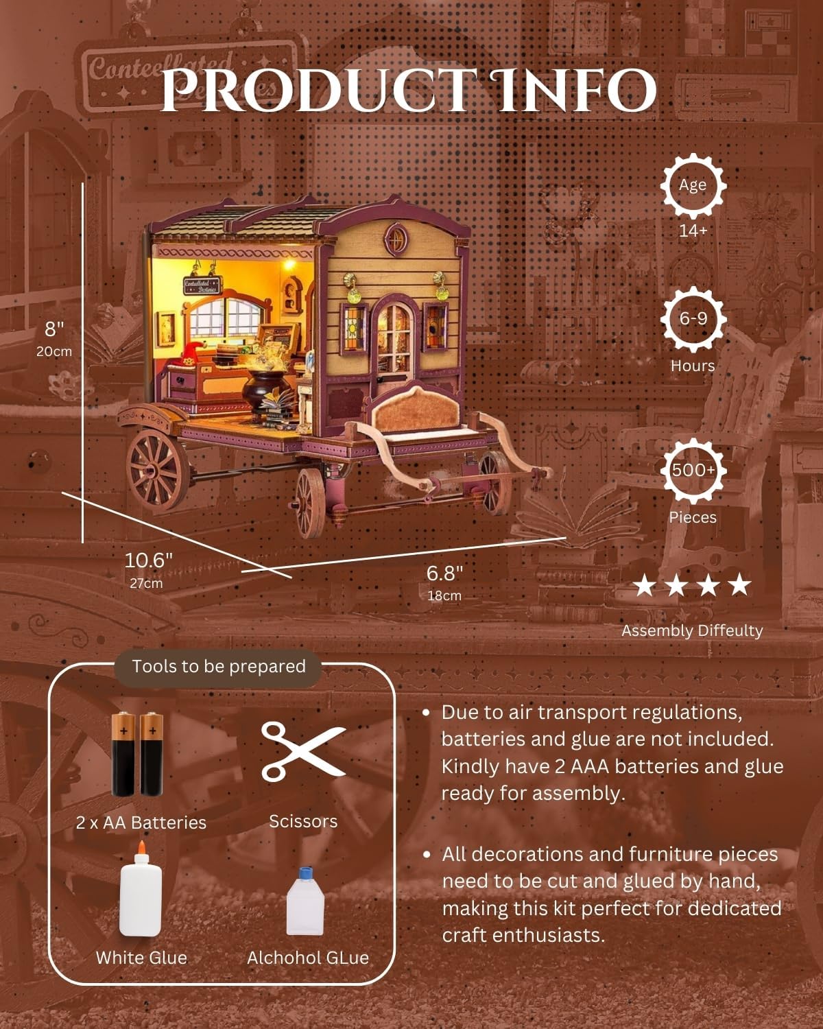 The Traveling Magic Shop DIY Miniature House Kit w/LED Light – Carriage Dollhouse Kit – Wood 3D Puzzles Tiny House Book Nook Halloween Birthday Christmas