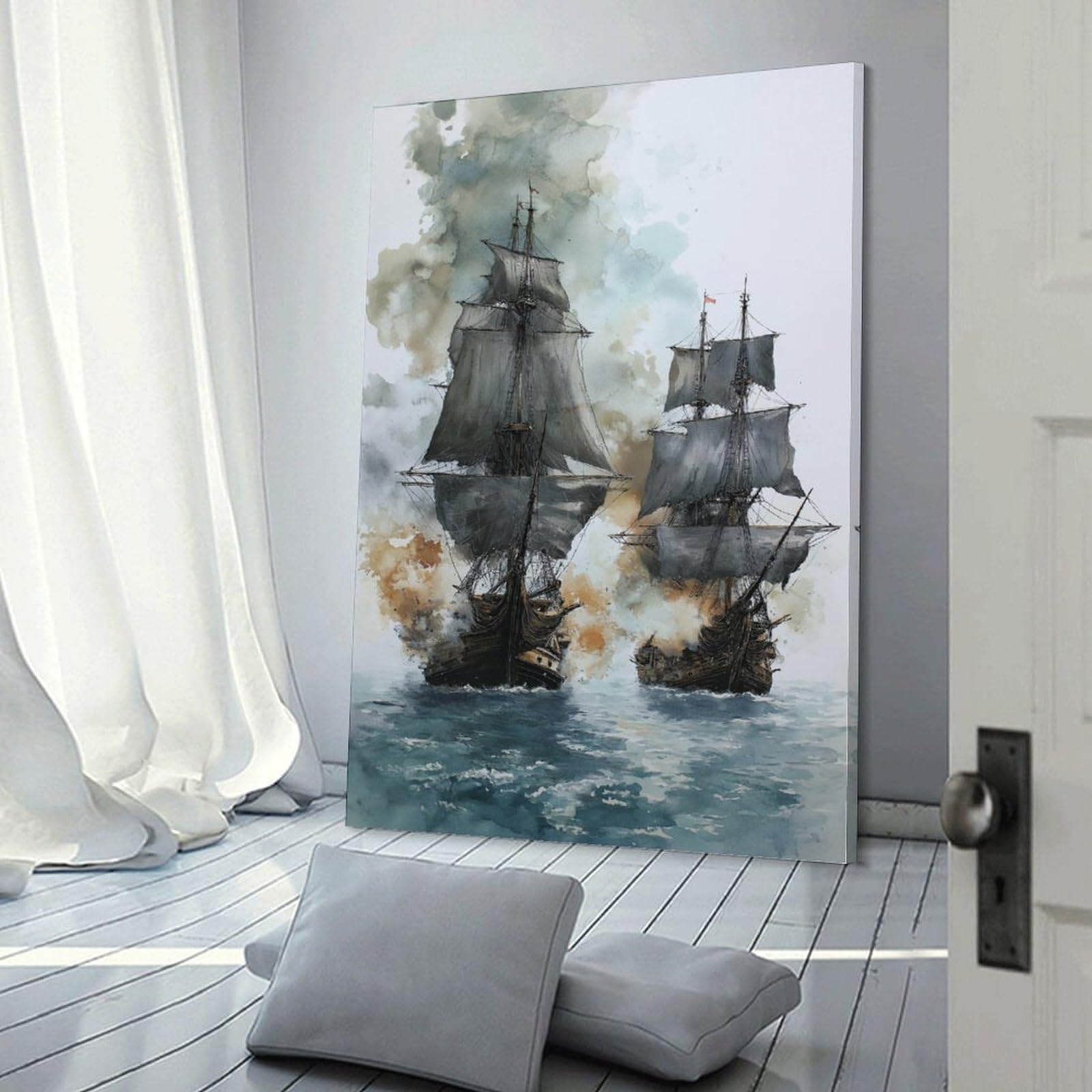 Poliuaws Frame-Sea Duel Two Tall Ships Clash Sea Duel Two Tall Ships Clash Wall Pictures For Living Room Kitchen Home Decorations 20X30inch(50X75cm) Bedroom Wall Art