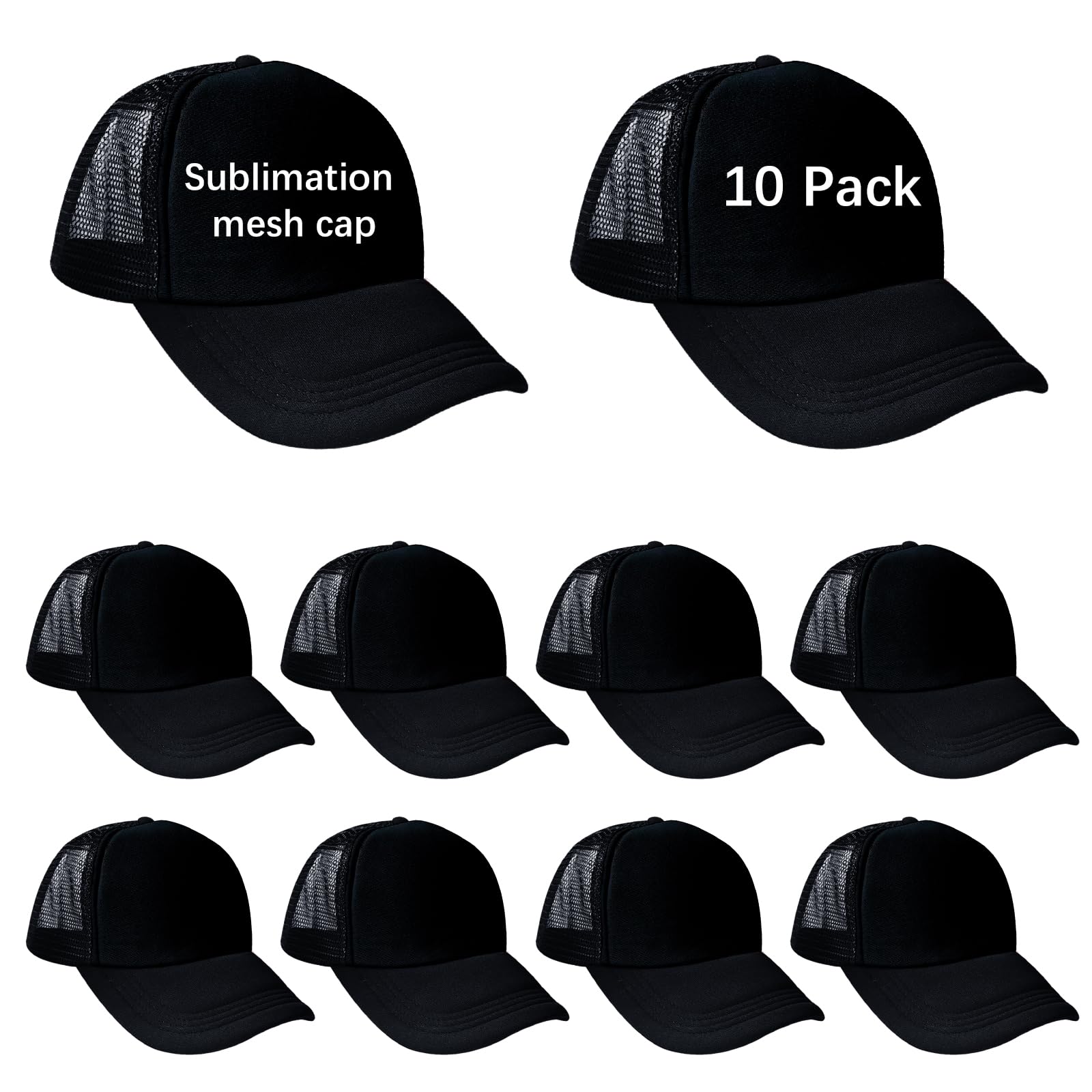 ORJ 10 Pack Unisex Sublimation Blank Mesh Baseball Cap Polyester Mesh Black Trucker Hat Bulk