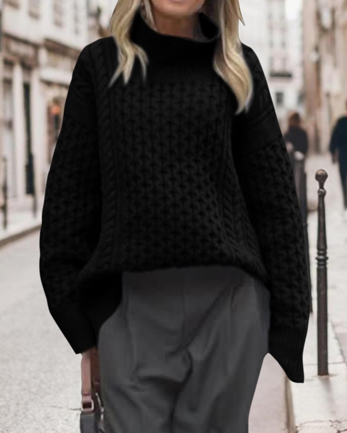 BTFBM Casual Women Fall Sweaters 2025 Long Sleeve Turtleneck Ribbed Knit Pullover Loose Cable Knit Sweater - Image 3