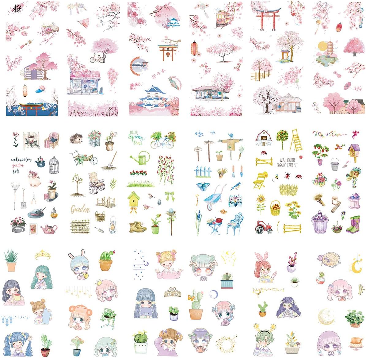 Kawaii Stationery Sticker Set Pink Cherry Blossom Household Gardening Tool Cute Girl Flower Succulent Plants Cactus DIY Labels for Diary Scrapbooking Planner Art Craft Journaling Collage Journal