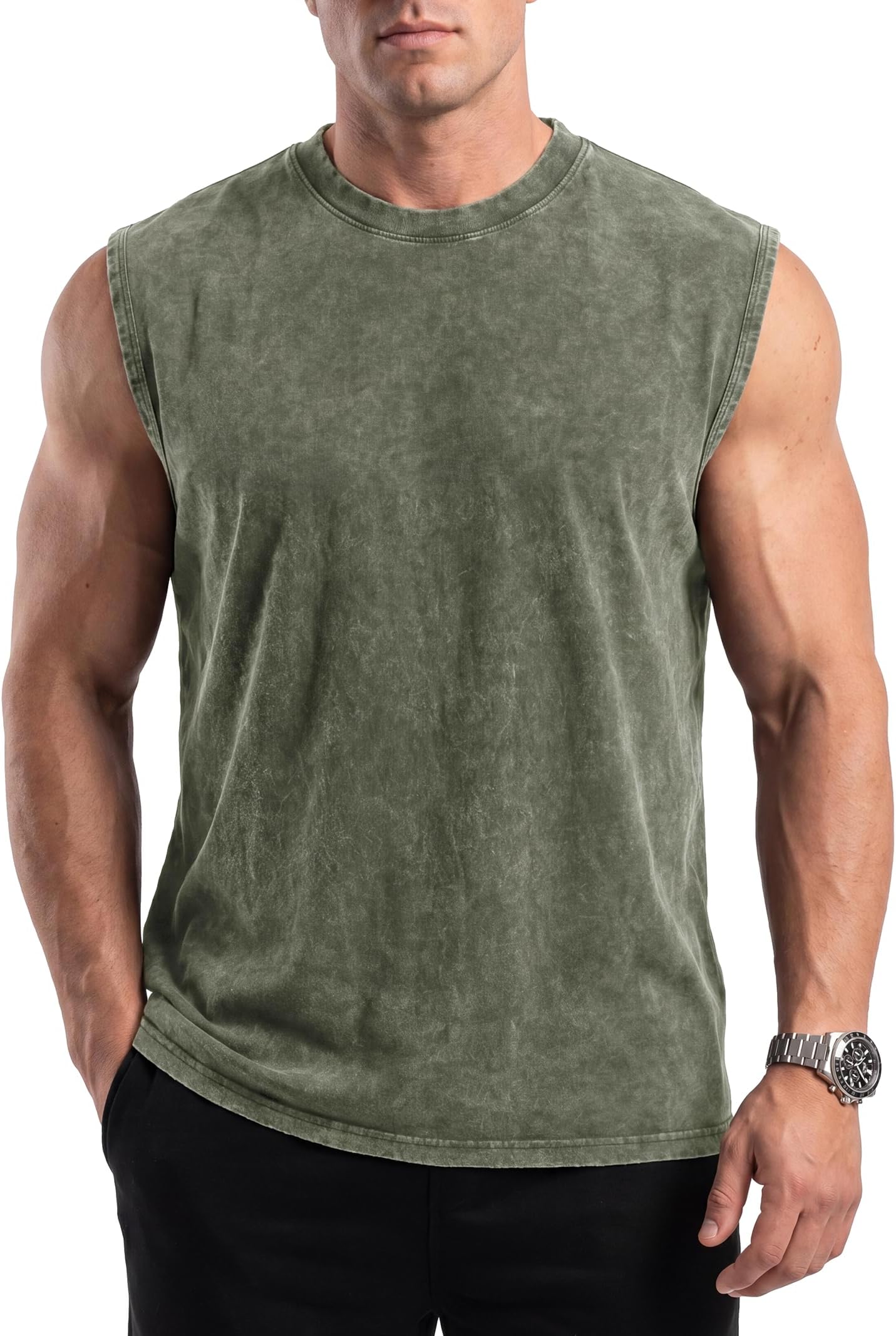 Sleeveless T‑Shirt for Men,Cotton Washed Vest – Anti‑Shrinkage, Relaxed Fit, Ribbed Crew Neck