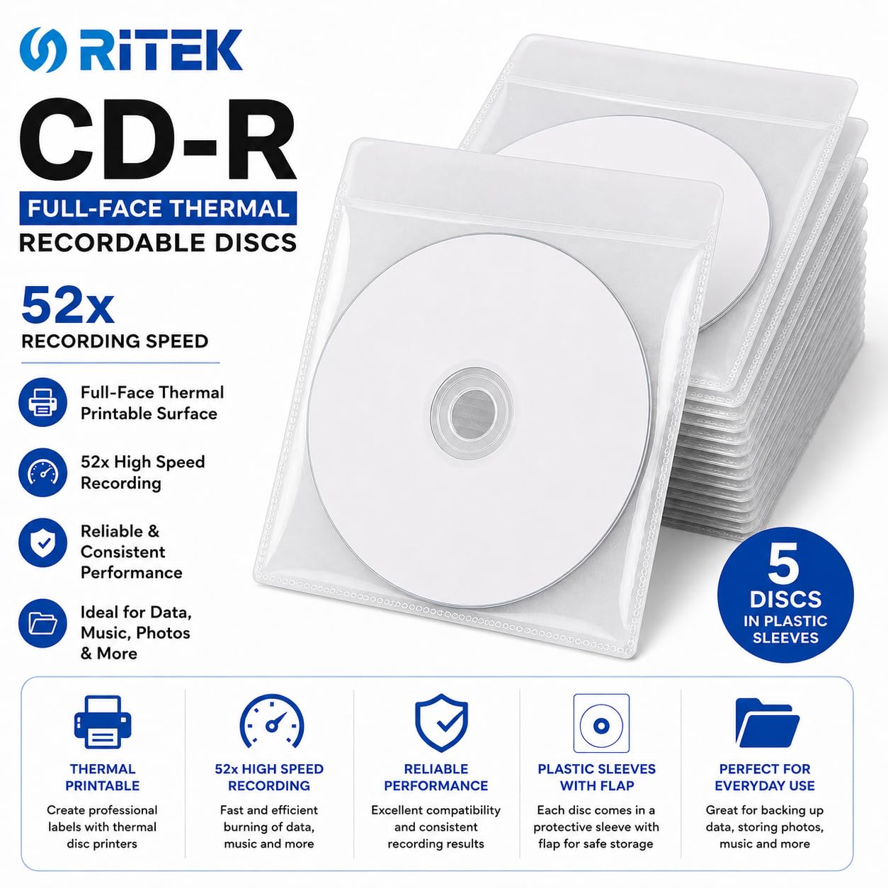 Dragon Trading®, 5 CD full-face thermal Ritek con bustine in plastica di alta qualità velocità 52 x