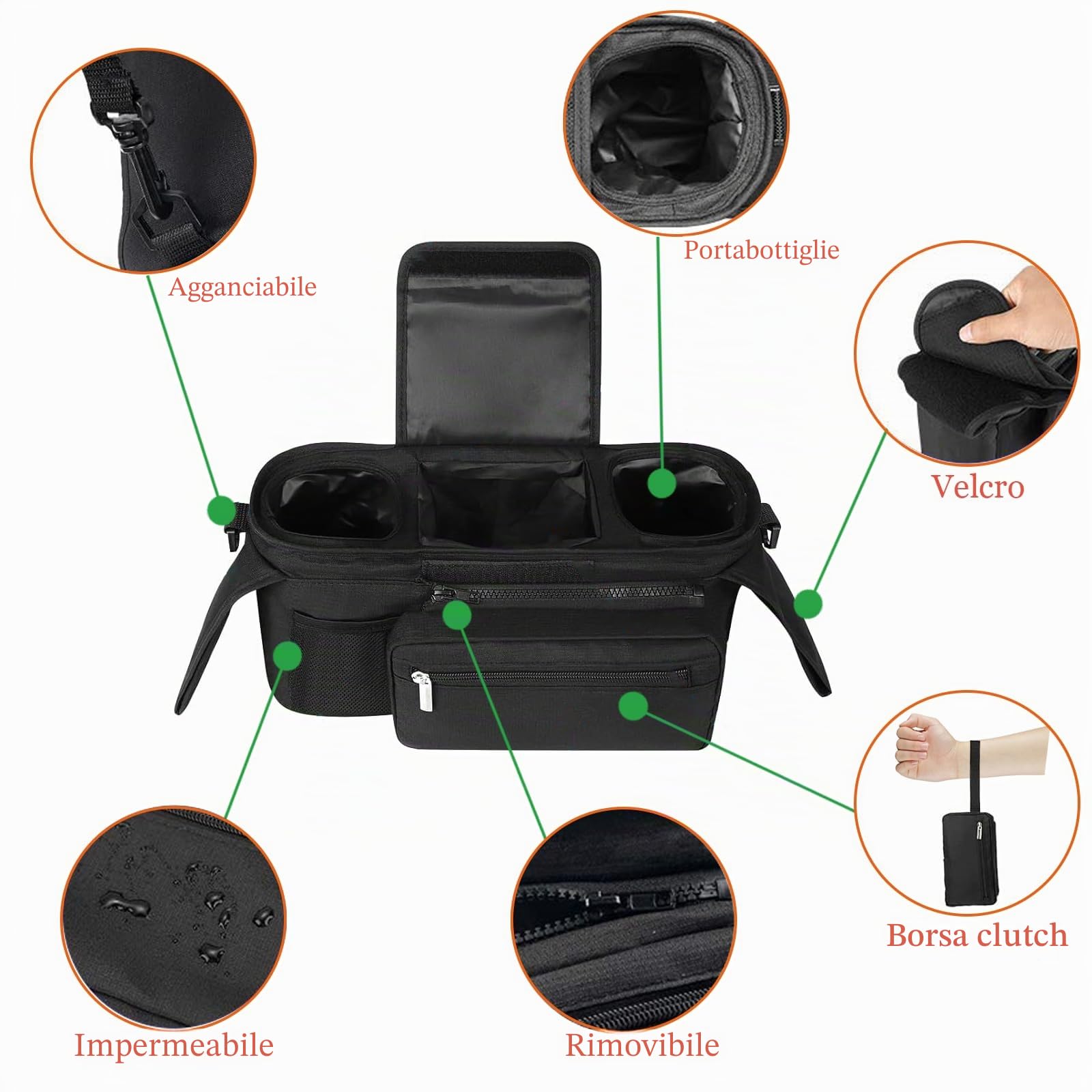 Universal Baby Passeggino Organizer, con Il Supporto di Tazza Isolato Aumentato, Borsa A Rete Rimovibile, Borsa del Telefono e Tracolla, si Adatta Alla Maggior Parte dei Passeggini