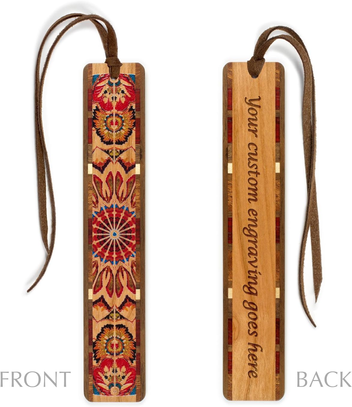 Kaleidoscope Personalized Wooden Bookmark | Colorful Symmetry Design | Handmade Wood Bookmark with Brown Ultrasuede Tassel | Made in the USA