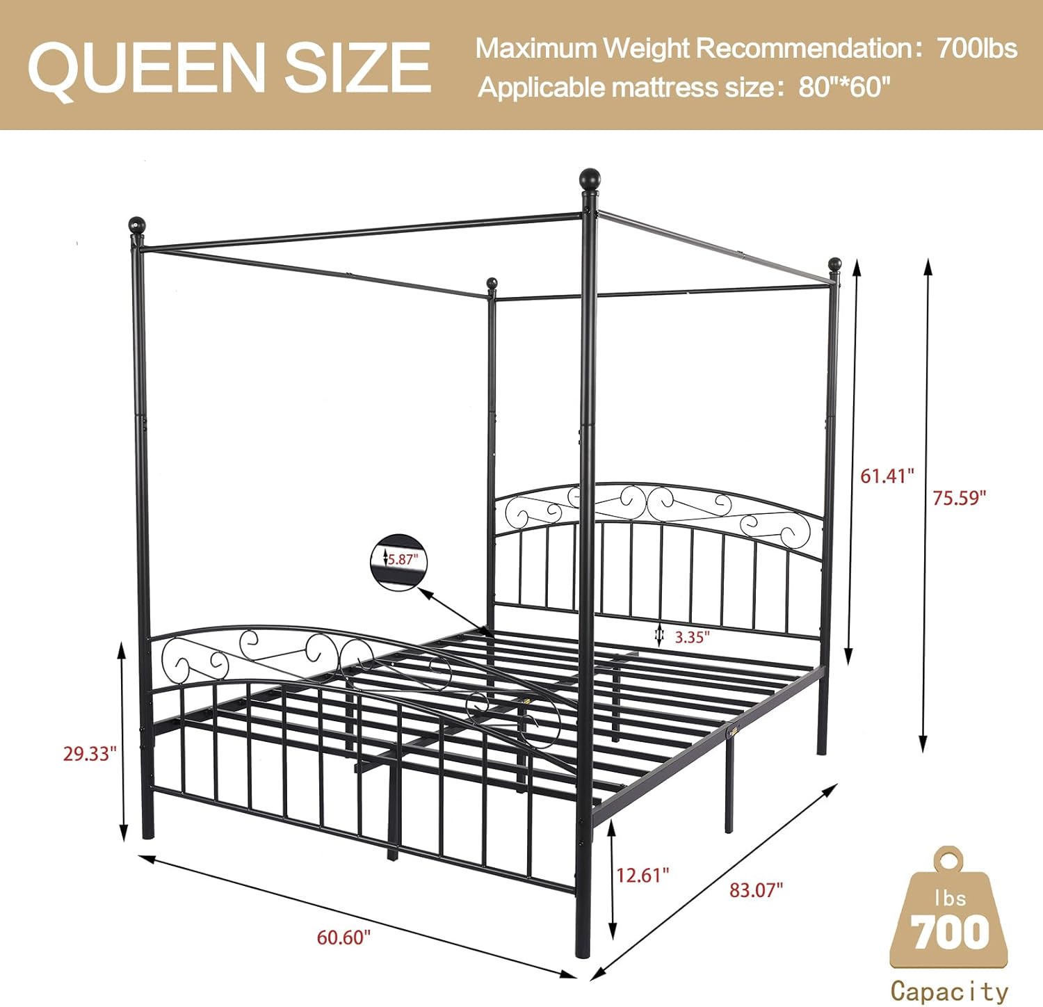 alazyhome Metal Canopy Bed Frame Queen Size, Four-Poster Platform Bed with Headboard and Footboard, Noise-Free Heavy Duty Steel Slats, Easy Assembly, No Box Spring Needed, Black