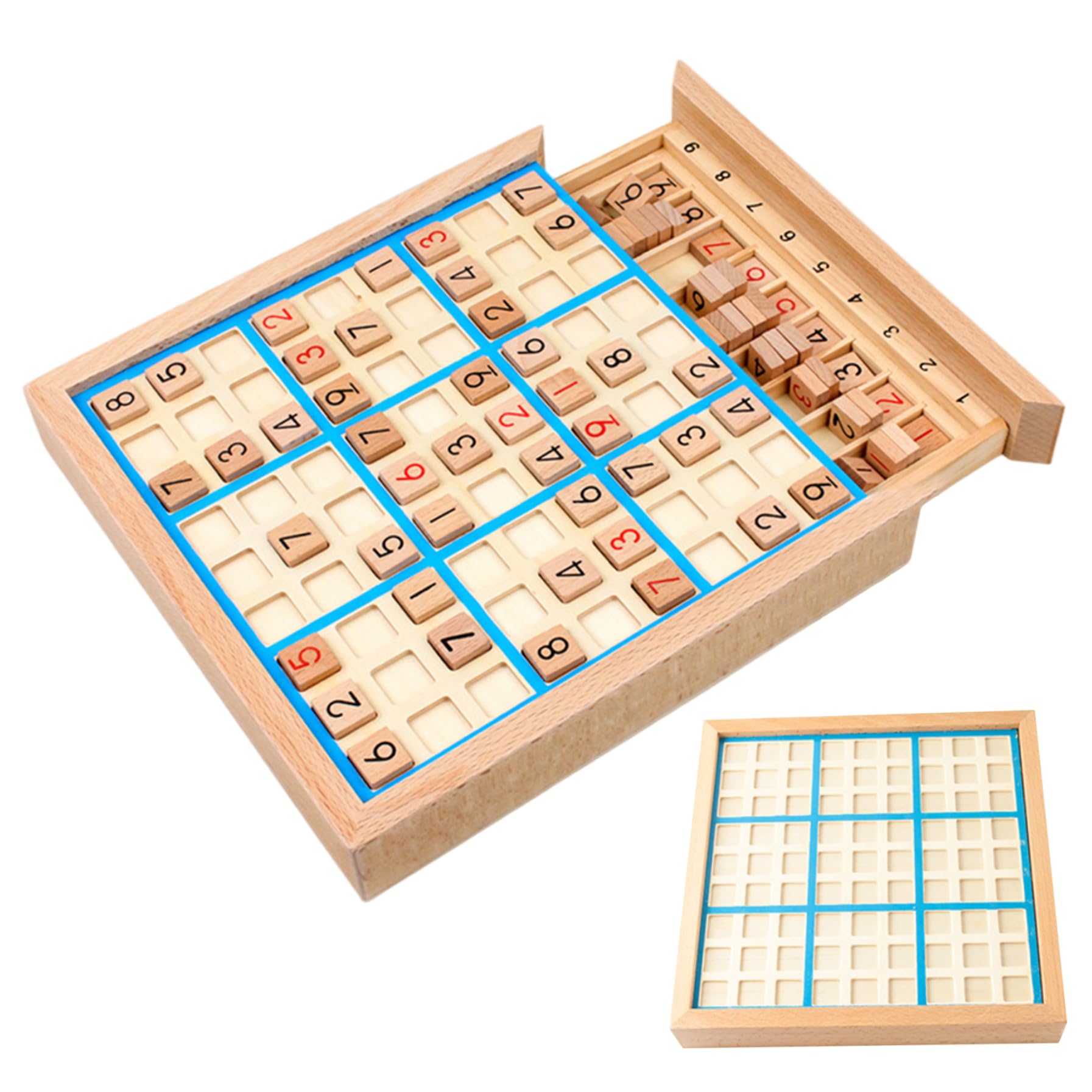 Sudoku de Madera Azul para niños, Rompecabezas de Colores con cajón, Juego de Mesa Educativo
