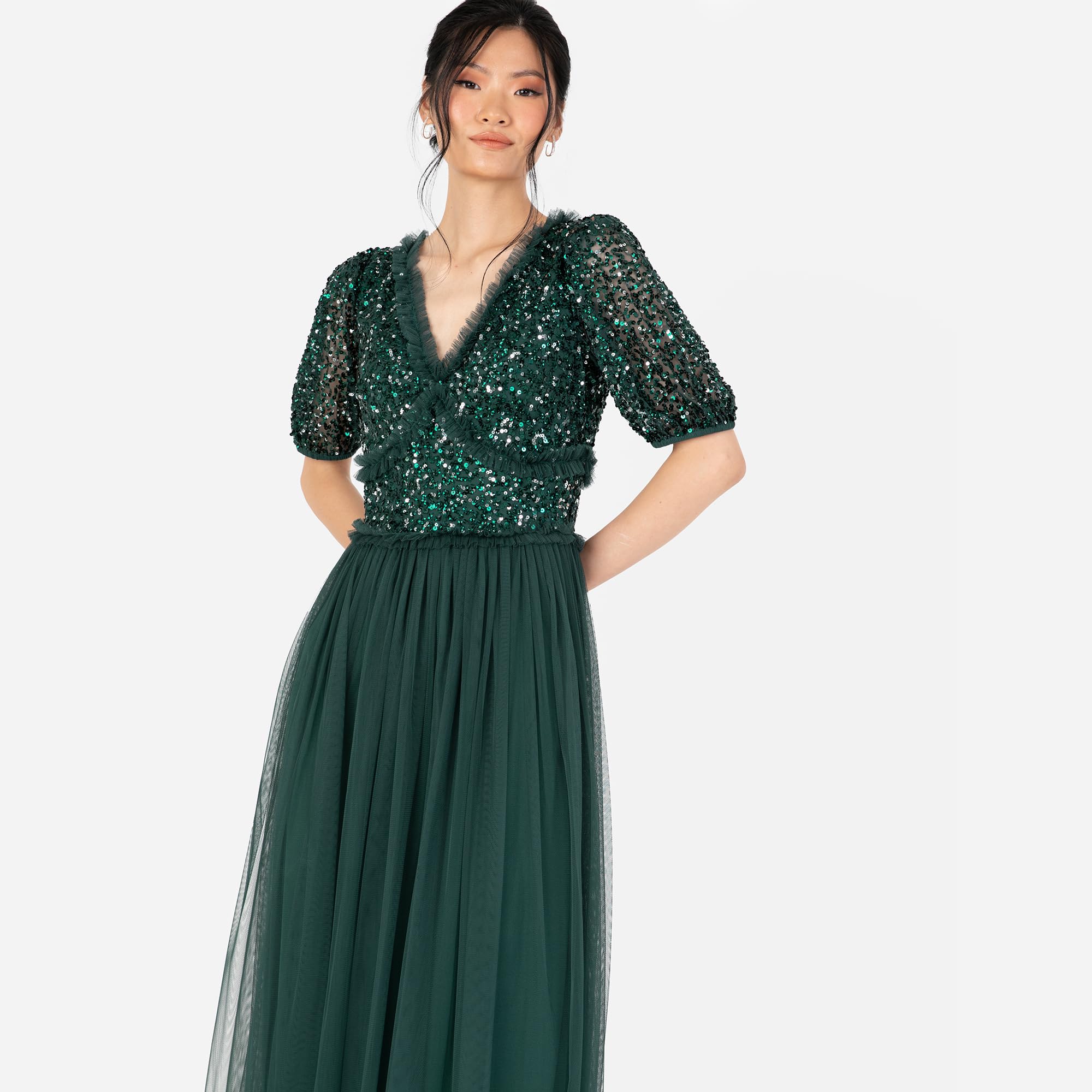 Maya Deluxe Women's Maxi Dress Ladies V-Neck Short Sleeve Sequin Embellished Tulle Ruffle For Wedding Guest Bridesmaid Ball Gown Vestidos para Mujer