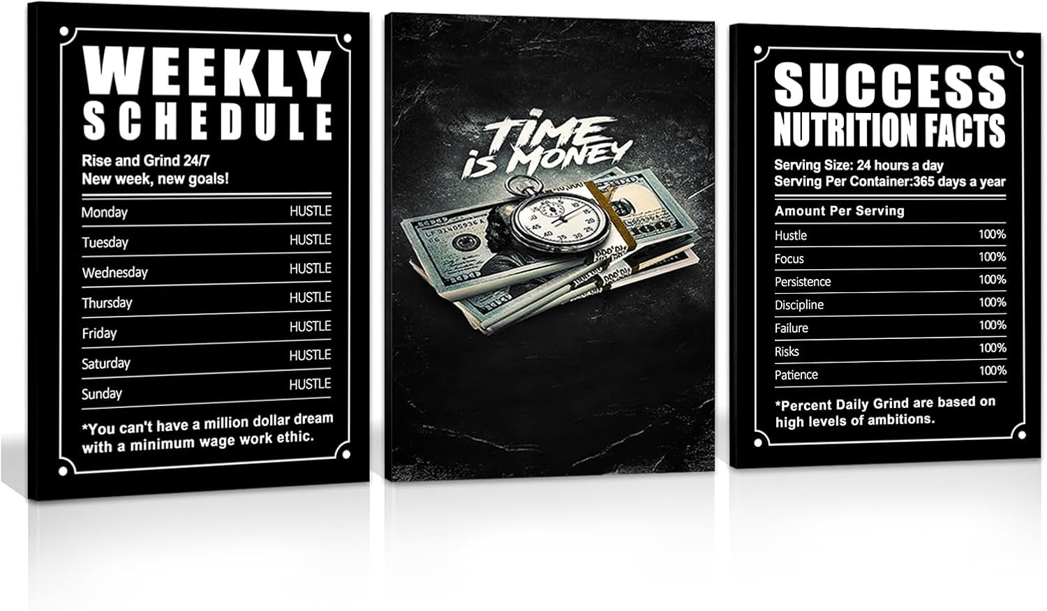 ZHIYANGY 3Pcs Success Nutrition Facts, "Time Is Money" Inspirational Canvas Wall Art, Motivational Entrepreneur Quotes Poster, Hustle Weekly Schedule, Inspirational Canvas Prints for Man Cave Living Room Bedroom Office Wall Decor