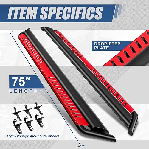 Miniatura 3 de Auto Dynasty Estribos con peldaños pintados en rojo compatibles con Jeep Wrangler JL Unlimited 2018-2024 de 4 puertas, barra Nerf con escalón