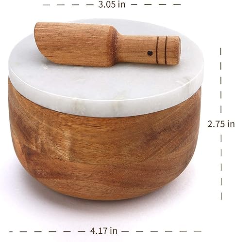 Miniatura 4 de Recipiente grande de madera de acacia para condimentos, condimentos y cuchara, caja de almacenamiento de sal y cuchara, tapa de mármol blanco