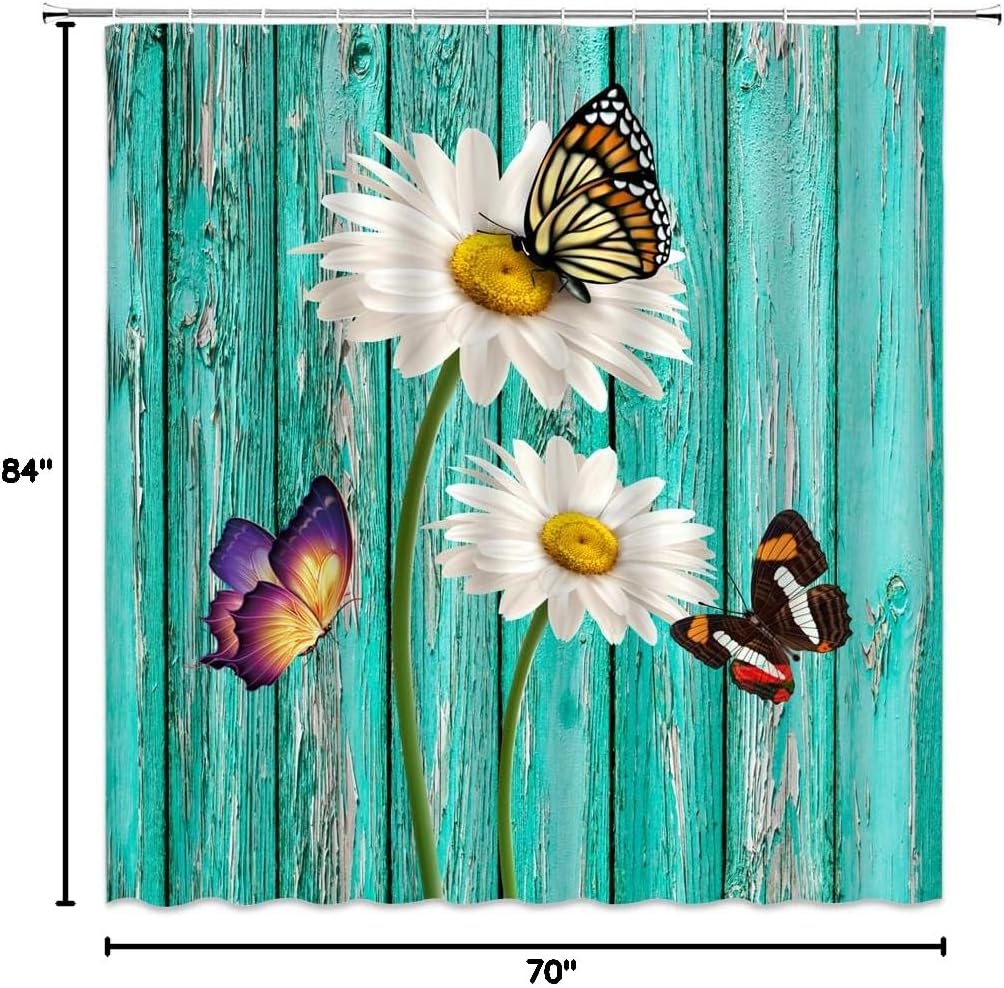 Rustic Daisy Shower Curtain Farmhouse White Daisy Flower Butterfly Vintage Teal Wooden Barn Door Farm Spring Flower Nature Botanical Retro Countryside Bathroom Decor Fabric Curtain with Hooks