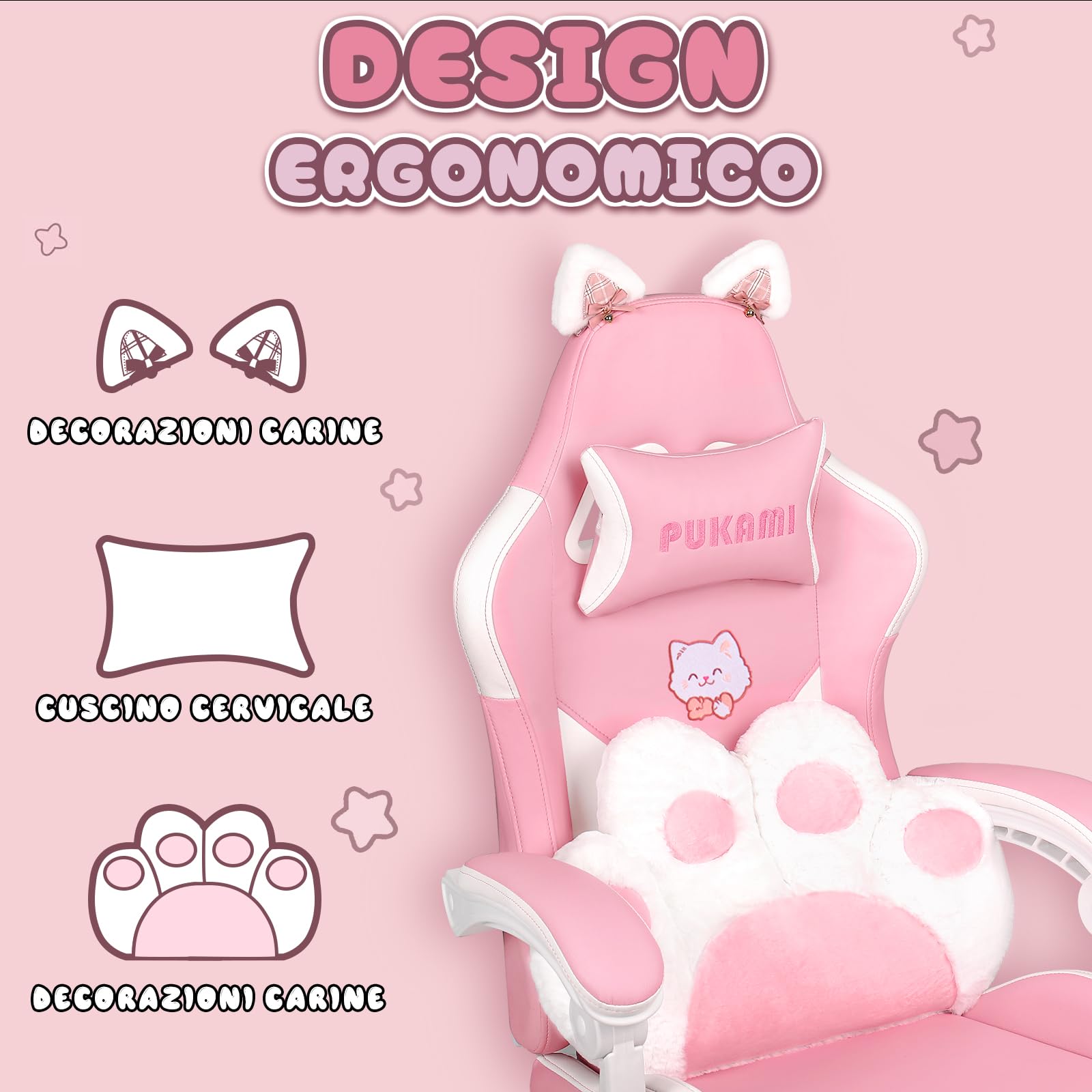 Waleaf Sedia Gaming Rosa, Sedia da Gaming Ergonomica con Regolabile Poggiapiedi, Poggiatesta, Supporto Lombare, Poltrona per Computer con Orecchie da Gatto, Altezza Regolabile