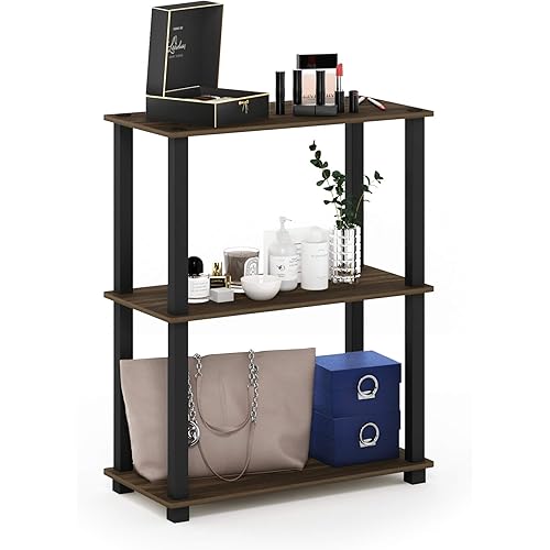 Furinno TURN-S-TUBE Storage Shelves, 3-Tier Book Shelf, Corner Shelf, Toolless Open Shelves, for Organization and Storage, Living Room, Garage, Home Office, Columbia Walnut