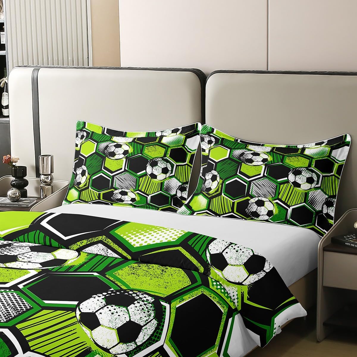 Queen Size 100% Cotton Football Game Duvet Cover Modern Hexagon Geometric Bedding Set Boys Girls Soccer Sports Chic Soft Comforter Cover Kids Bedroom Decor,No Comforter