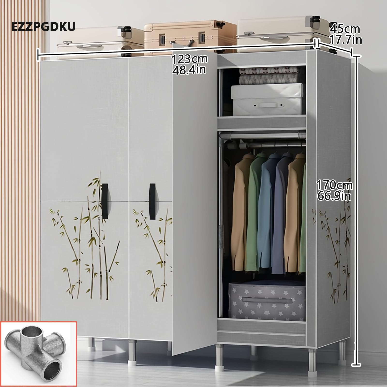 Kleiderschrank, Stoffkleiderschrank, Stoffschrank Mit Kleiderstange Stabil, Wardrobe Closet 205x45x170 cm, Faltschrank Magnetische Tür, Kleidung Schrank Für Schlafzimmer, Ankleidezimmer