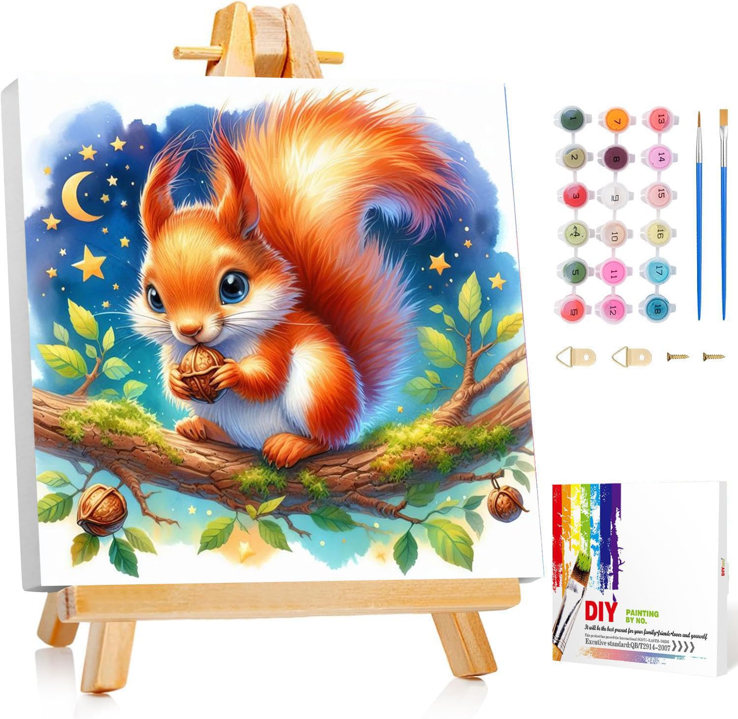 Gemartmall Eichhörnchen Malen Nach Zahlen Kinder ab 9 mit Rahmen- Malen Nach Zahlen Tiere mit Staffelei für Geschenk DIY Bastelset 20x20 cm