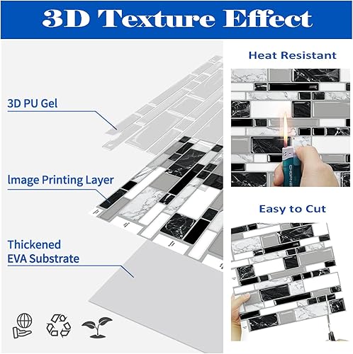 Miniatura 6 de 10 hojas de azulejos autoadhesivos para salpicaduras de 12 x 12 pulgadas para cocina, baño, mármol blanco y negro