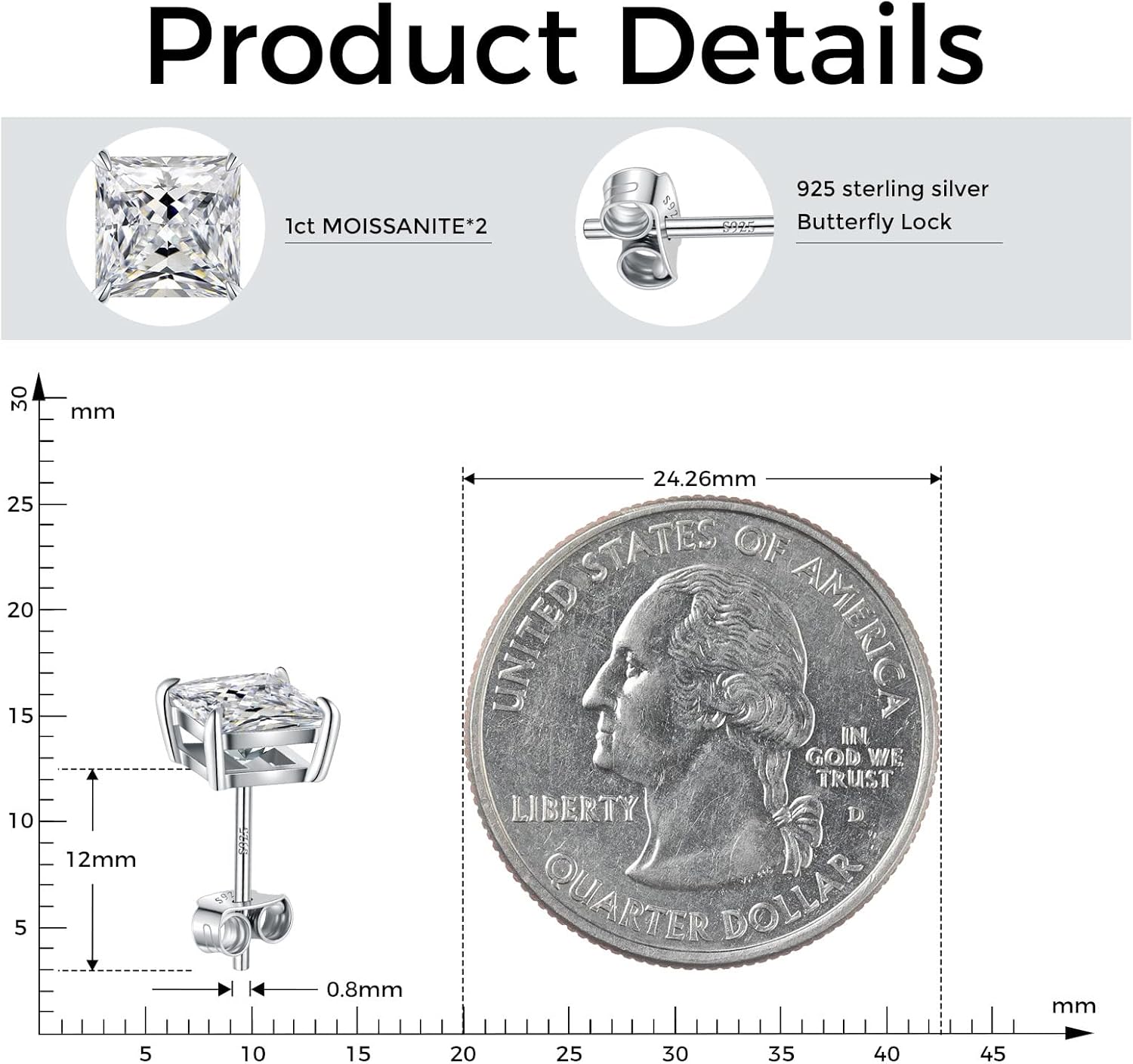 Moissanite Earrings for Men, 2/3 CT Lab Created D Color VVS1 Moissanite Stud Earrings for Men 925 Sterling Silver, Hypoallergenic Jewelry Gift - Image 3