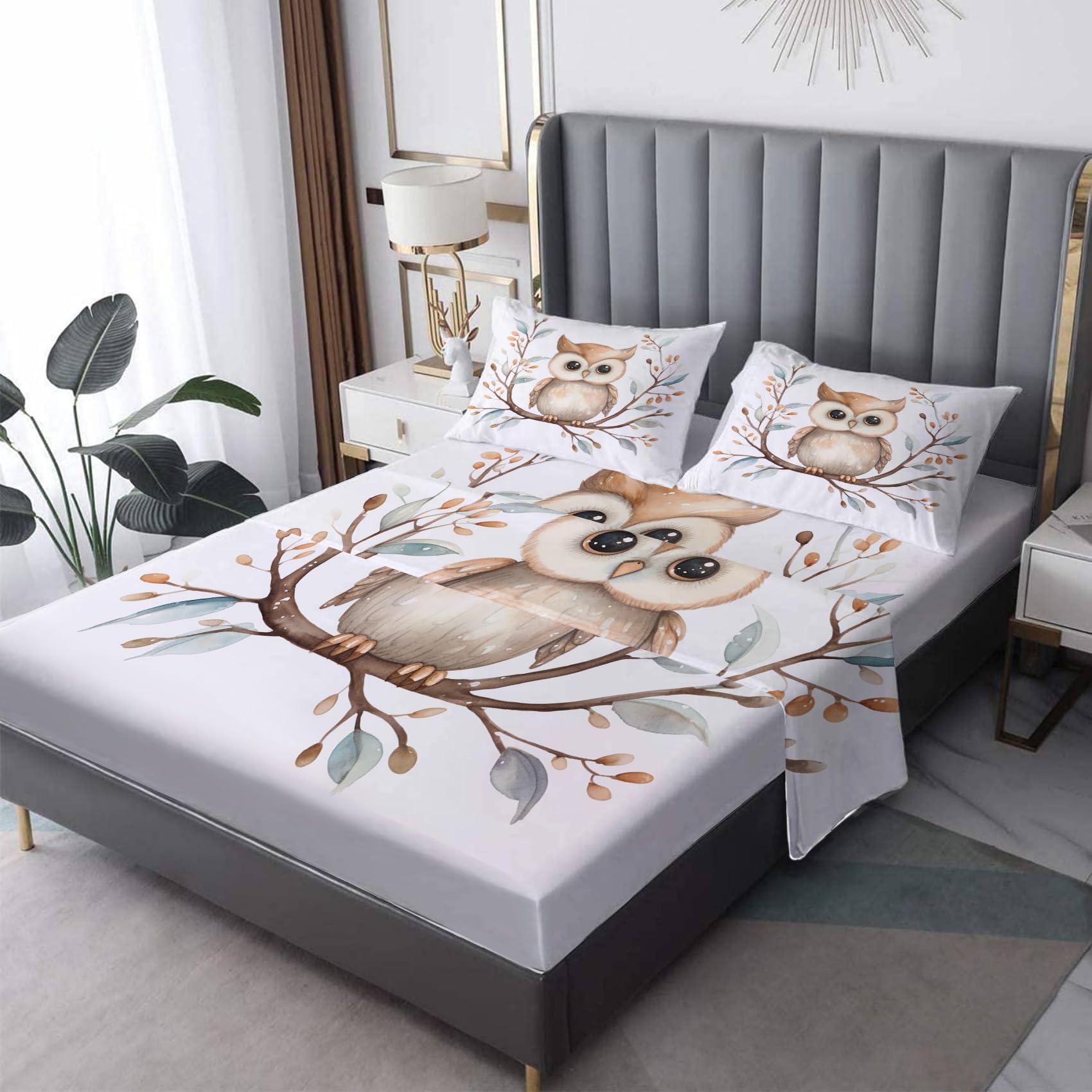 zcsm Owl Sheets Twin Size - Kids Bed Sheets, Soft Microfiber & Deep Pocket & Wrinkle Free Patterned Bedding Sheets & Pillowcases, 3 Piece (1 Fitted Sheet, 1 Flat Sheet, 1 Pillow Case)