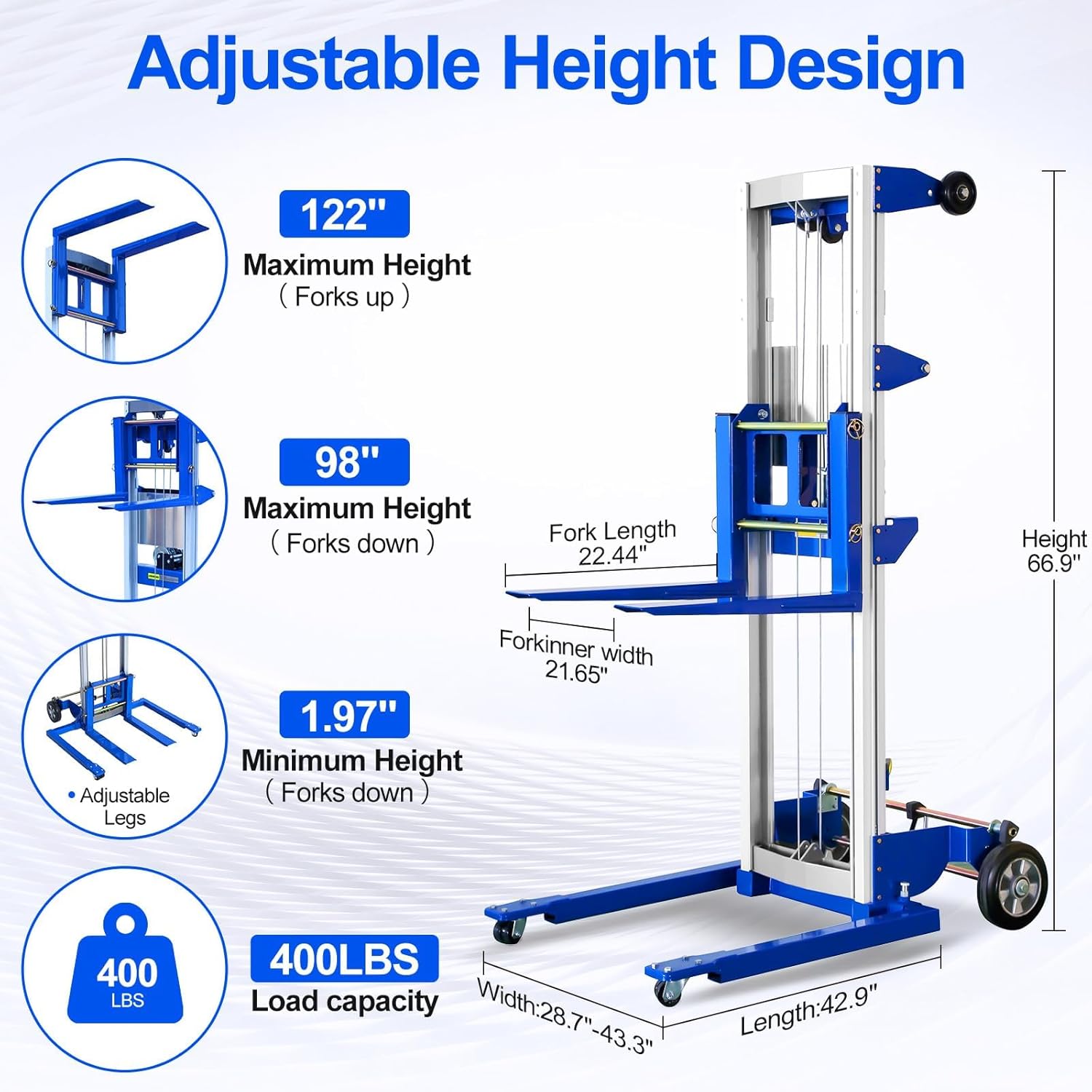 122" Material Lift Winch Stacker, 400 lbs Capacity Manual Material Lifts, Adjustable Straddle Material Lifter, Hand Winch Lift Trucks for Warehouse, Factory, Lightweight, 42.90" L x 43.30" W
