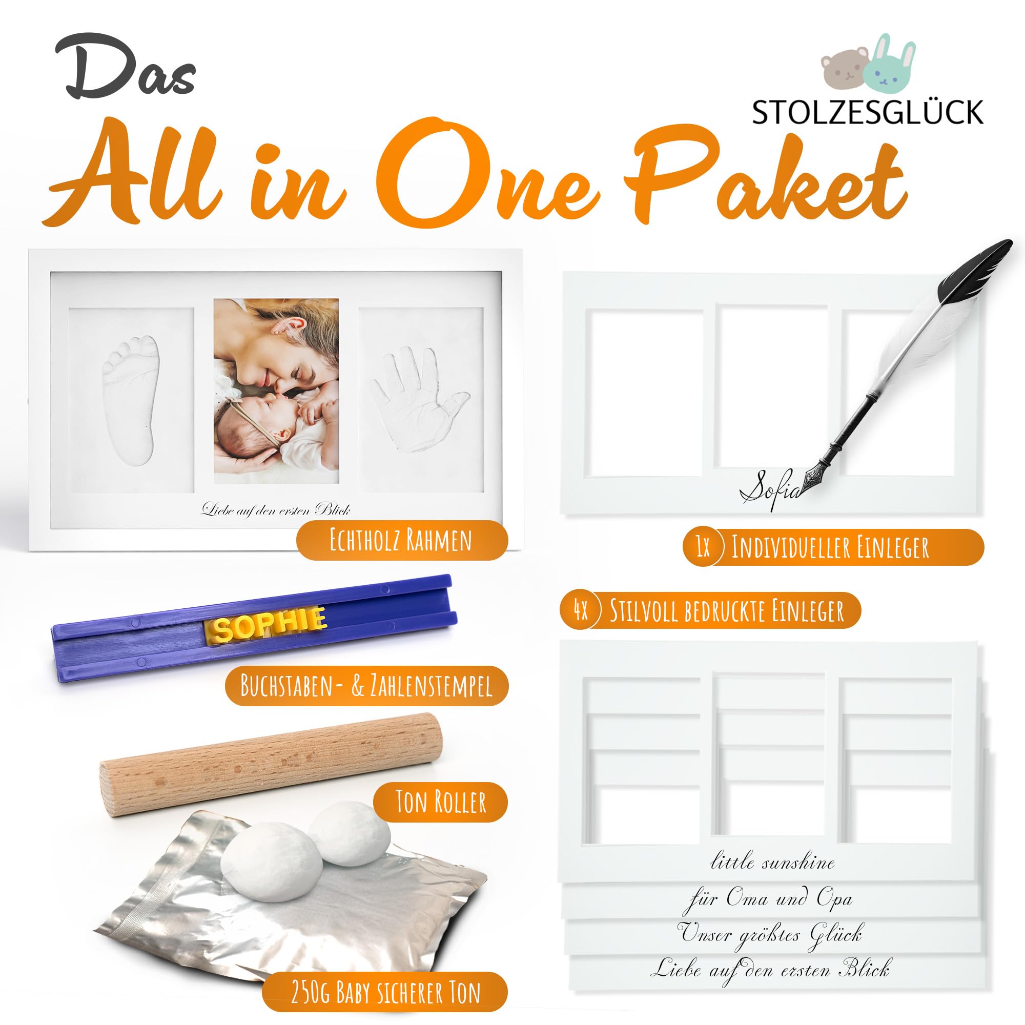 Premium Fußabdruck Handabdruck Baby Tonabdruck XXL SET 4+1 DESIGNS | Personalisierbar, inkl. Zubehör, Echtholz Rahmen | Gipsabdruck Baby Hand & Fuß