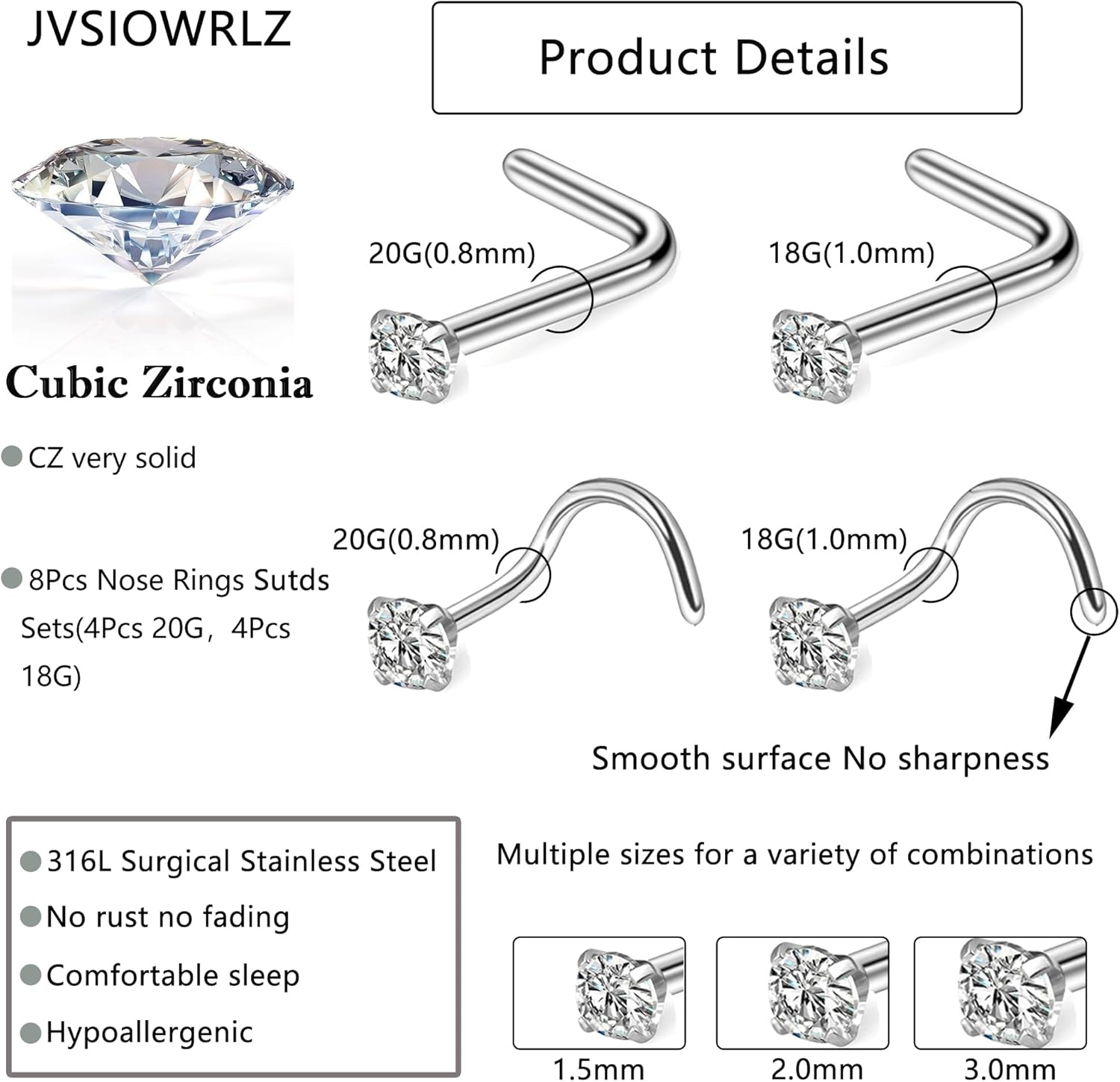 Nose Rings Studs for Women Men: Hypoallergenic Gold Silver 316L Surgical Stainless Steel Septum L Shape/Corkscrew Nose Studs Body Piercing Jewelry Tragus Conch 20G 18G - Image 2