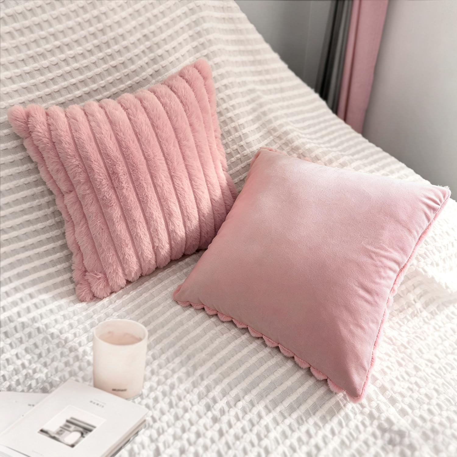 2 Pack 18x18 Pillow Cover Velvet Pillow Covers, Faux Fur Square Throw Pillow Covers for Living Room Decorations Throw Pillow Case, Throw Pillow Cover Cushion Cover for Home Sofa Bedroom Car, Pink image 4