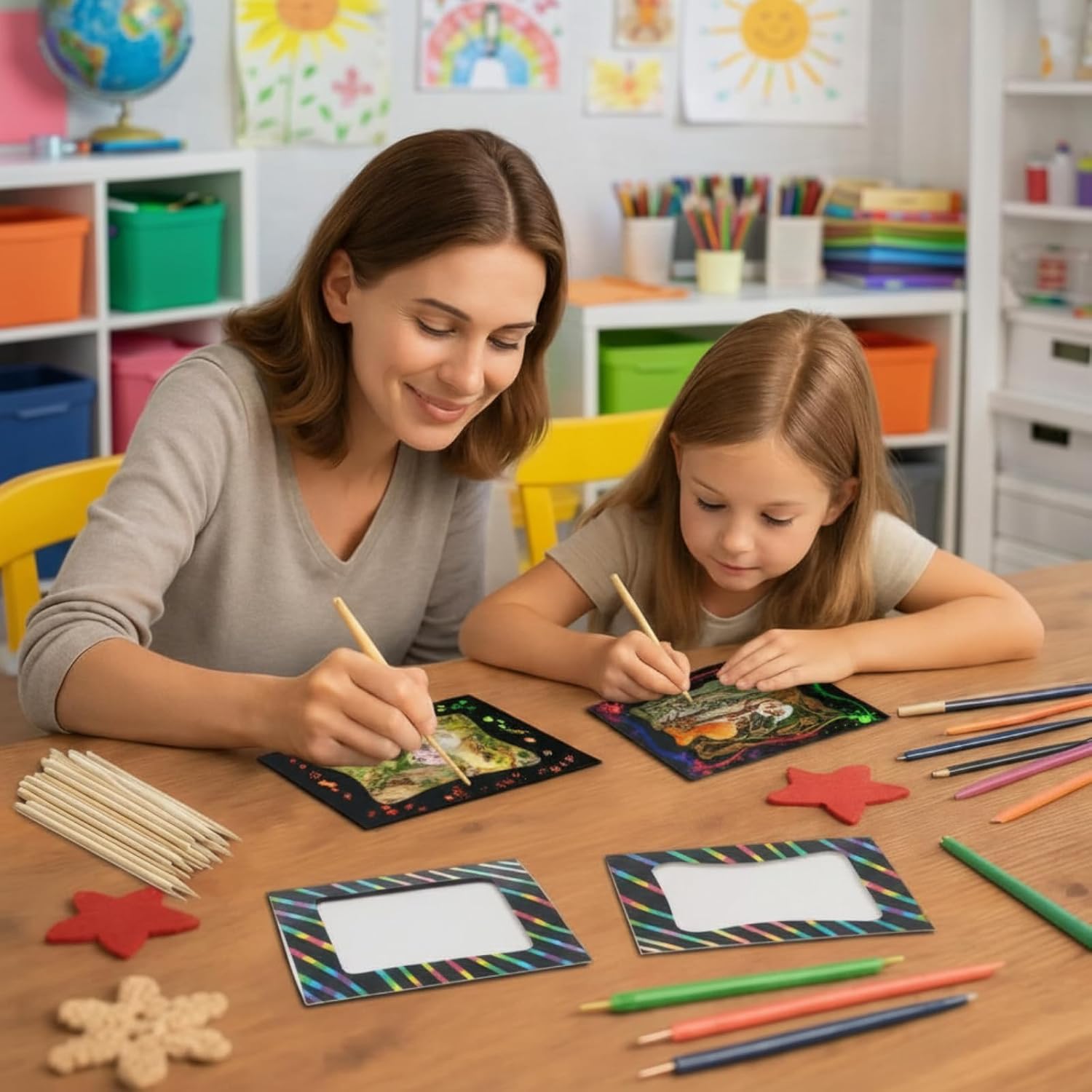 Motipuns 24 Pcs Scratch Picture Frame Craft Kits for Kids DIY Vbs Scratch Paper Photo Frame with Wooden Stylus Back to School 4 x 6 Children Photo Classroom Easter Activities Decor