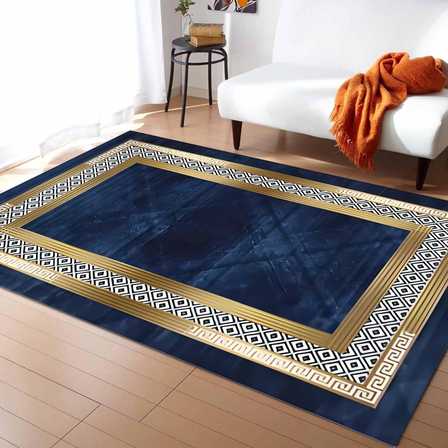 Premium Indoor Area Rug, 6x8ft, Contemporary Simple Geometric and Gold Border Design Navy Blue Rug, Non-Slip Non-Shedding, Comfortable and Casual 6x8ft Color 2