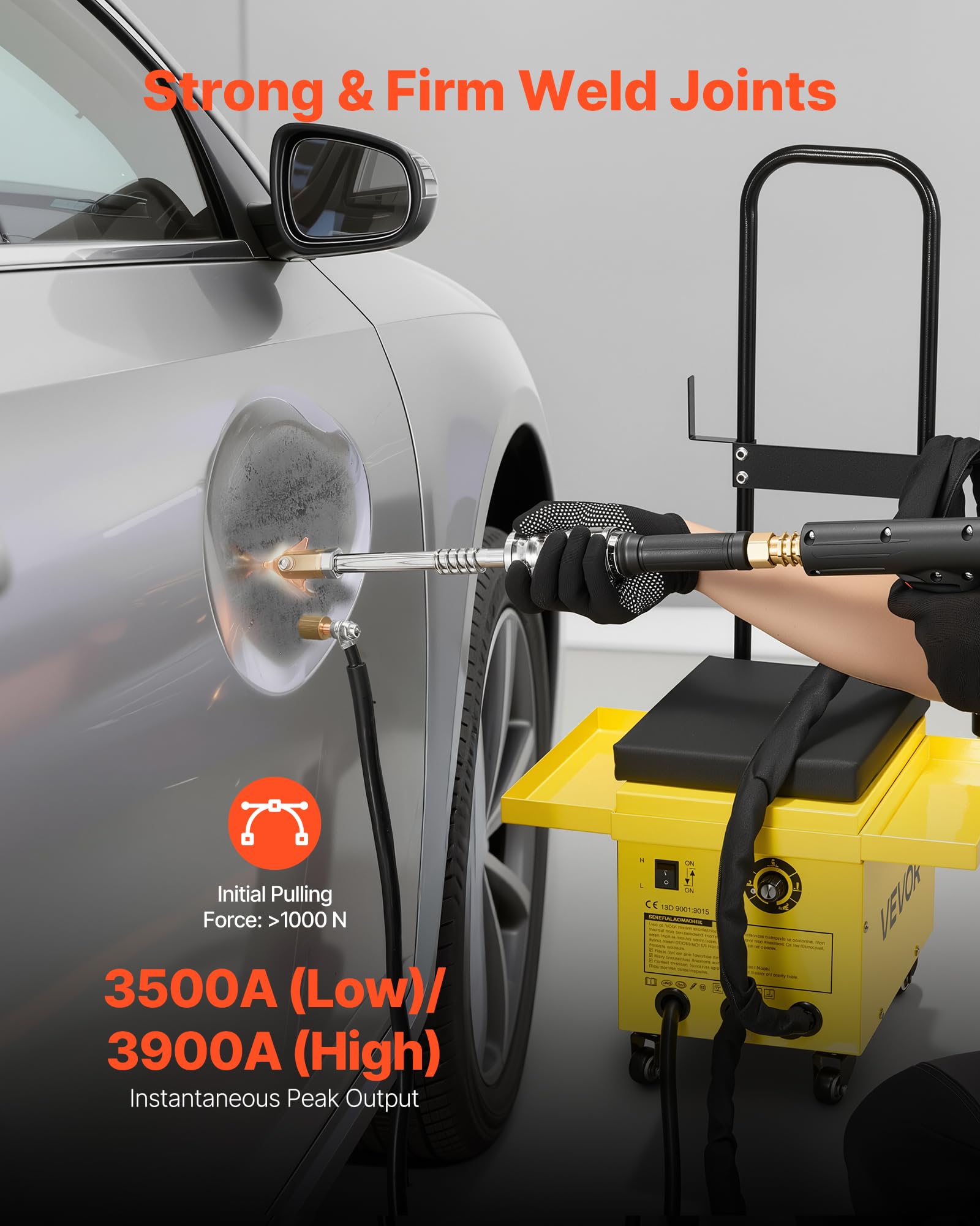VEVOR Kit de Reparación de Abolladuras de 4,5 kW con Soldador de Pernos, 2 Pistolas, 6 Modos, Kit de Extractor de Abolladuras Coche 3500A/3900A con Ruedas, Asiento Acolchado para Carrocería Automotriz